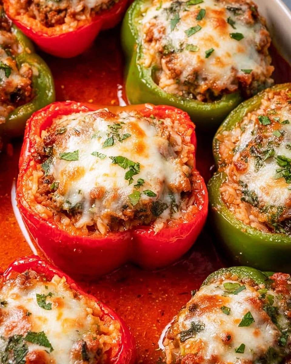A close-up view of baked stuffed bell peppers arranged closely on a white marbled surface. Each pepper is halved and hollowed, some green and some red, creating two color groups. The bottom layer is the pepper itself, glossy with a slightly wrinkled texture from baking. On top is a thick stuffing layer made of cooked rice, ground meat, and chopped greens, showing a mixed texture of soft grains and chunks of meat. The top layer is melted cheese, bubbly and golden brown in spots, covering the filling unevenly and adding a creamy texture. The peppers sit in a layer of rich red tomato sauce that fills the spaces between them. photo taken with an iphone --ar 4:5 --v 7