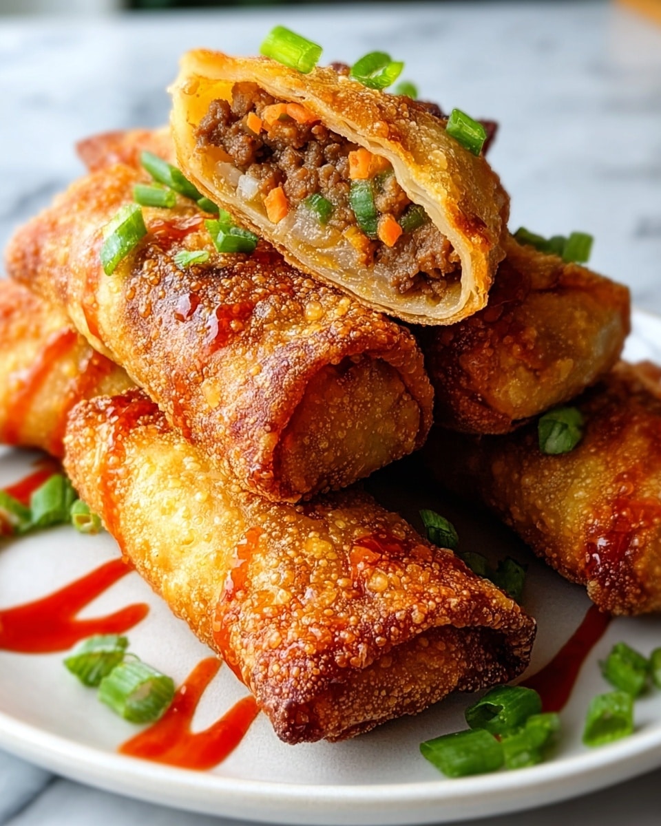 The image shows four golden-brown fried rolls with a crispy, bubbly texture on the outside, placed on a white plate with a speckled pattern. Two of the rolls are stacked, one broken in half to reveal a soft, melted yellow cheese layer on the inside surrounded by a dark brown minced meat filling. The rolls are topped with thin green onion slices and a drizzle of light orange sauce. In the background, there is a small white bowl filled with an orange dipping sauce, garnished with green herbs. The plate is set on a white marbled surface. photo taken with an iphone --ar 4:5 --v 7