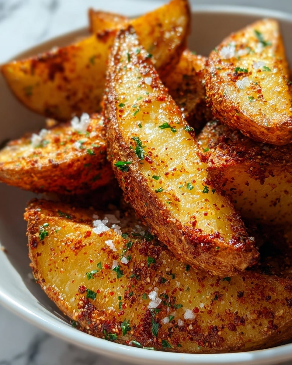 The image shows a close-up view of several thick potato wedges arranged closely on a white plate. Each wedge has a crispy browned outer layer with a rough texture, showing dark grill marks and crunchy edges. The inside of the wedges is soft and yellowish, contrasting with the outer crispiness. The potato pieces are sprinkled with finely chopped green herbs and white granules of grated cheese or salt, giving extra texture and color. The backdrop is a white marbled surface visible around the plate's edge. photo taken with an iphone --ar 4:5 --v 7