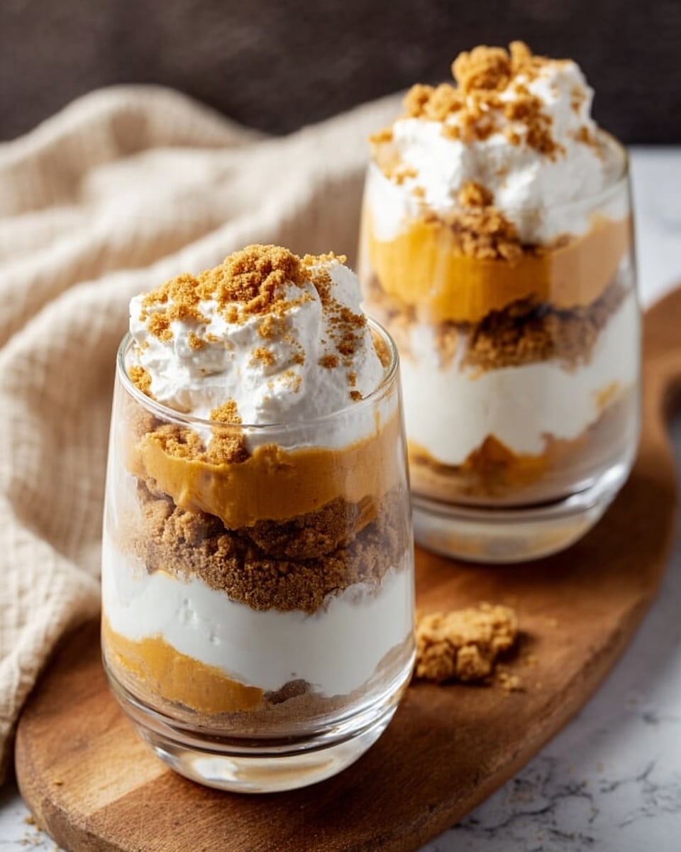 The dessert in a clear glass has four visible layers, placed on a white marbled surface with a wooden board beneath. The bottom layer is smooth and bright orange, followed by a fluffy white layer. Then comes a layer of golden brown crumbly cookie bits unevenly scattered. On top, there is another thick white creamy layer with more cookie crumbs sprinkled, and a black spoon dipping into it from the top right. The scene is softly lit, highlighting the creamy and crumbly textures. Photo taken with an iphone --ar 4:5 --v 7