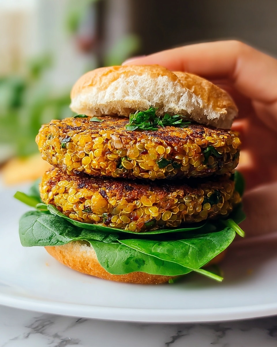 The image shows a close-up of a sandwich with three main layers. At the bottom is a light brown bun slice with a soft texture. On top of the bun is a layer of fresh, bright green spinach leaves. Above this are two thick, round patties stacked on each other; the patties have a golden-brown, crunchy texture with visible bits of green herbs and yellow grains, giving a crispy and textured look. A woman's hand is seen gently holding the sandwich on the right side. The sandwich is placed on a white plate, set on a white marbled surface. photo taken with an iphone --ar 4:5 --v 7