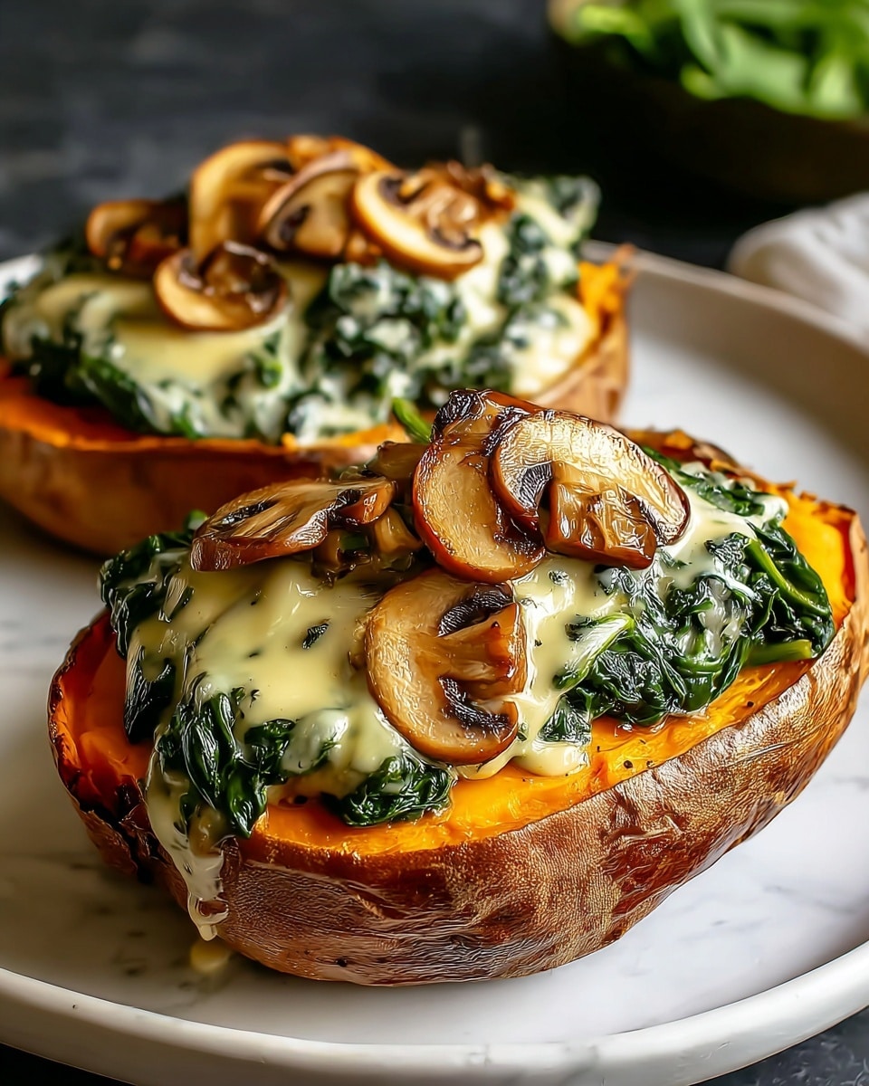 Two halves of a roasted sweet potato with a deep orange inside and slightly browned skin are placed on a white plate. Each half is topped with a layer of cooked green spinach, covering the orange base. On top of the spinach, there are slices of sautéed brown mushrooms scattered around. The dish is finished with a thick, creamy beige sauce generously poured over the mushrooms and spinach, with some sauce dripping down the sides. The background is a white marbled texture. photo taken with an iphone --ar 4:5 --v 7