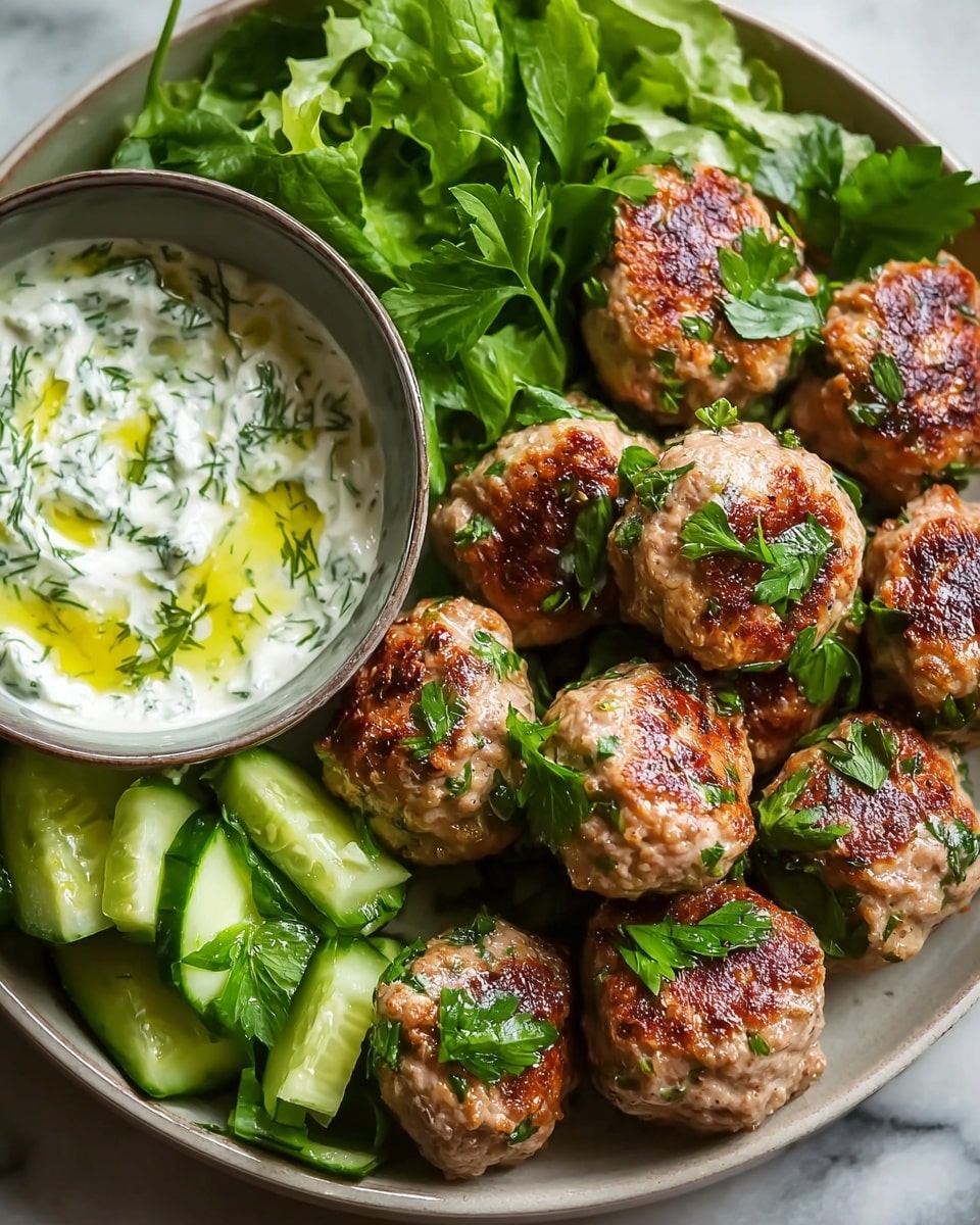 The image shows a white round plate filled with small, round meatballs that have a golden-brown seared crust with green herbs mixed inside the meat. The meatballs are arranged in a circle around a white bowl placed at the top right of the plate. The bowl contains a creamy white sauce with visible green herbs stirred throughout and a drizzle of green oil on top. The plate rests on a white marbled surface that adds a clean and fresh feel to the image. photo taken with an iphone --ar 4:5 --v 7