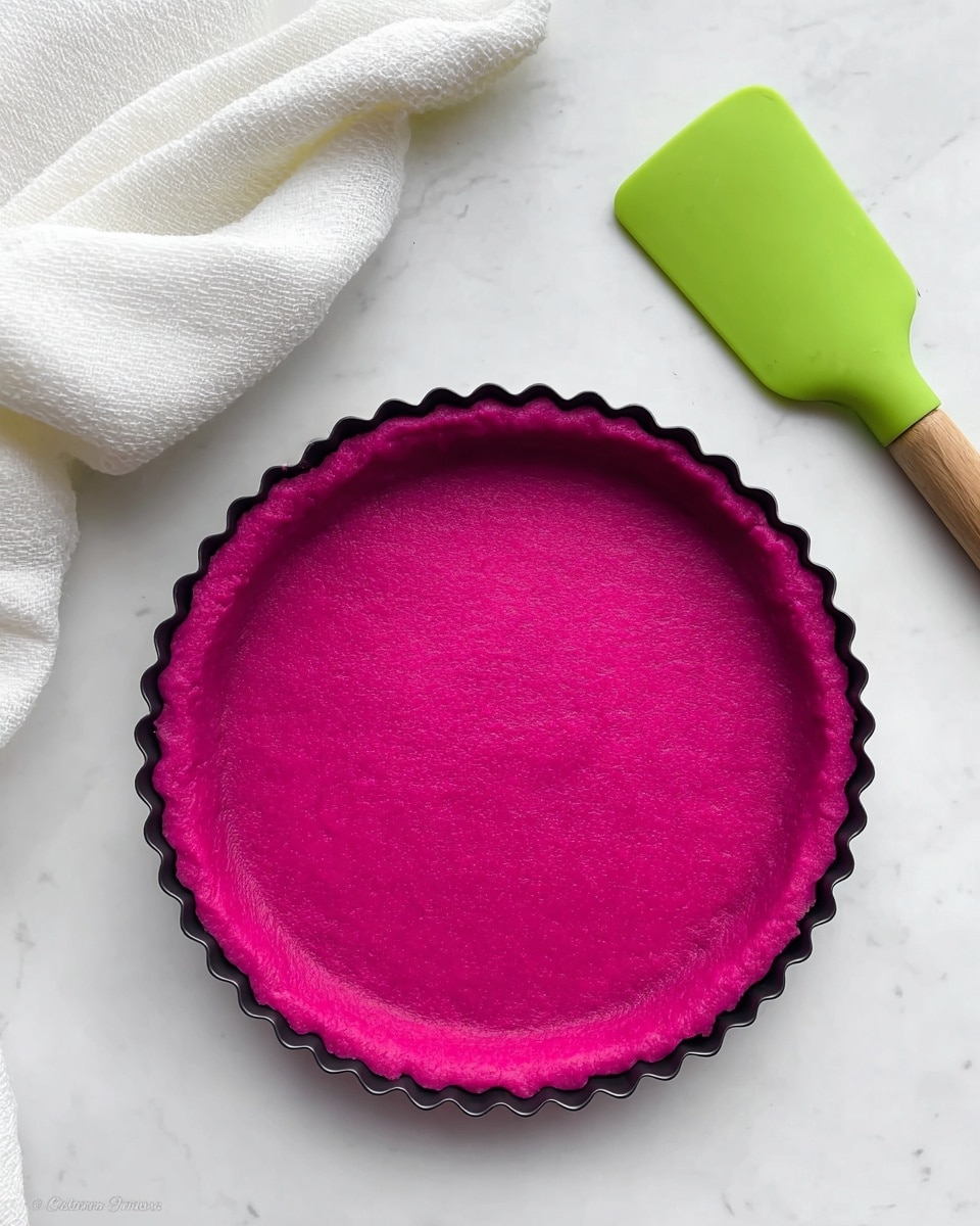 The image shows two views of a tart in a round baking tin with scalloped edges. The first view features a smooth, deep pink tart crust with a slightly rough texture inside the tin sitting on a white marbled surface with a cooling rack partly visible underneath. The second view shows the same pink crust filled with a smooth, bright yellow filling that looks slightly soft and moist, evenly spread inside the crust. The tart is placed on a white marbled surface. photo taken with an iphone --ar 4:5 --v 7