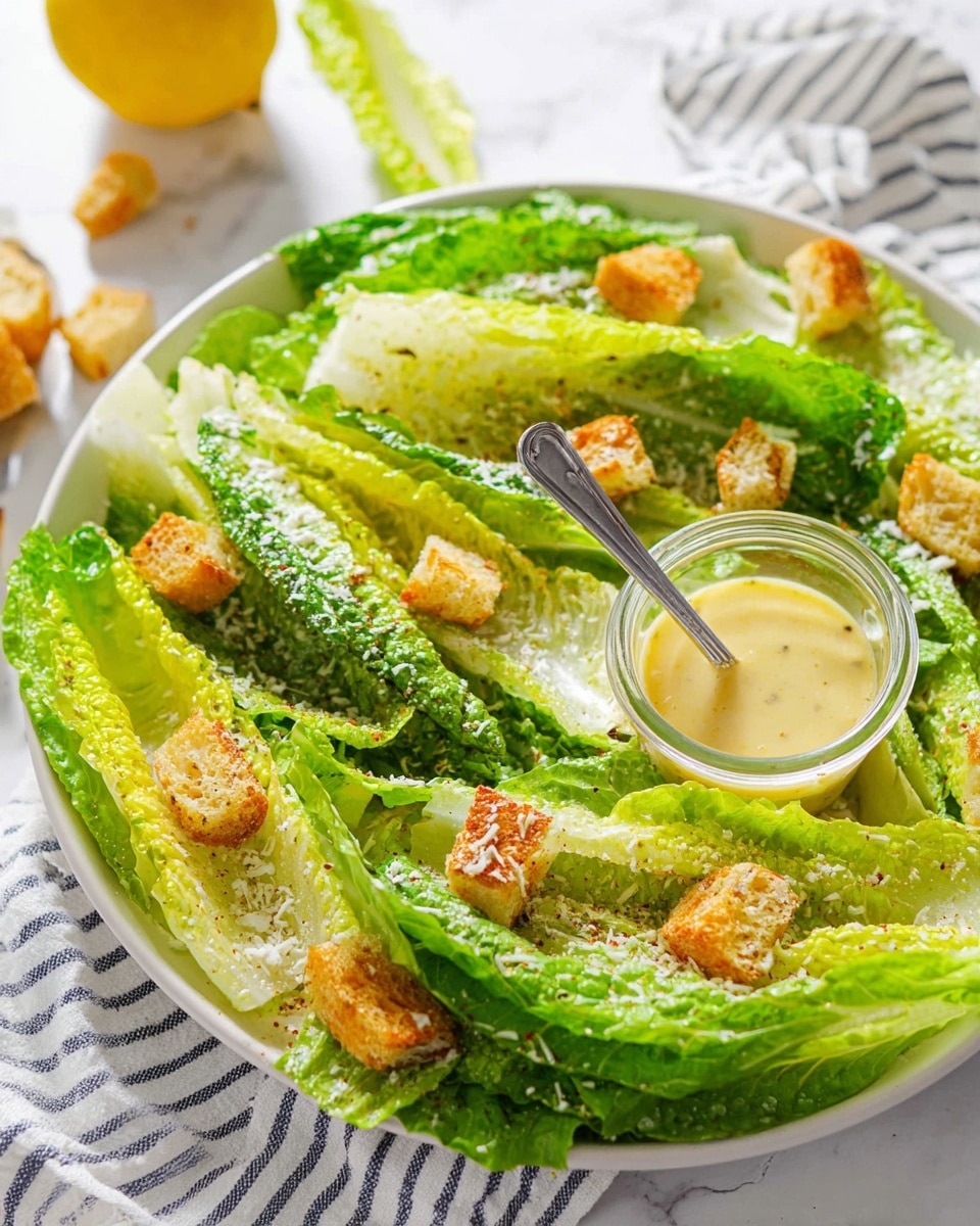A fresh Caesar salad is shown on a white plate placed on a white marbled surface. The salad is made up of multiple crisp, green romaine lettuce leaves arranged in layers across the plate. Scattered evenly on top are golden-brown crispy croutons that add a crunchy texture. The salad is drizzled with a creamy, light yellow Caesar dressing that glistens on the leaves. Small white shavings of Parmesan cheese are sprinkled over, adding a delicate touch. The presentation is bright and fresh, with a simple and clean look. photo taken with an iphone --ar 4:5 --v 7