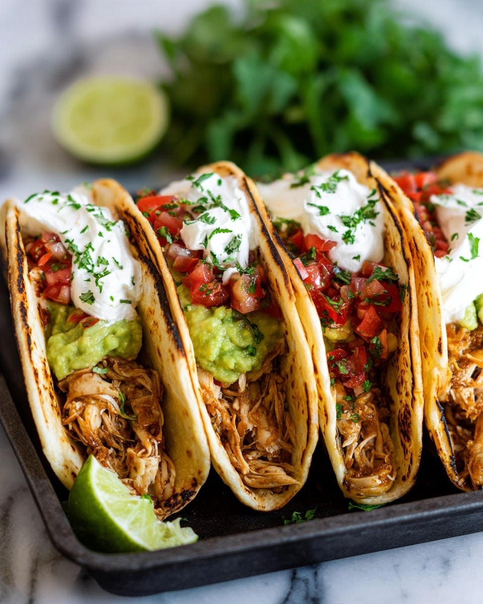 There are three soft corn tortillas placed closely on a white speckled plate, each filled with shredded orange-brown cooked chicken as the main layer, topped with small red tomato pieces and chopped green cilantro. Each tortilla also holds green slices of avocado near the edge, and the chicken is drizzled with white creamy sauce in a zigzag pattern. The tortillas have slightly charred edges, adding a toasted texture. The plate rests on a white marbled surface, with small bowls of herbs and tomatoes visible in the background. photo taken with an iphone --ar 4:5 --v 7