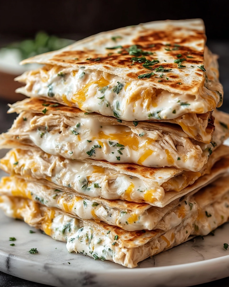 A stack of four golden-brown grilled quesadilla triangles is arranged closely on a dark plate placed on a white marbled texture. Each quesadilla has two light toasted tortillas with crispy edges, filled with a creamy white cheese sauce mixed with shredded white chicken, small orange cheese chunks, and green herb bits. The top layer is garnished with finely chopped green herbs. The quesadilla's filling looks melted and soft, slightly oozing out in some places, showing a rich, textured inside. Photo taken with an iphone --ar 4:5 --v 7
