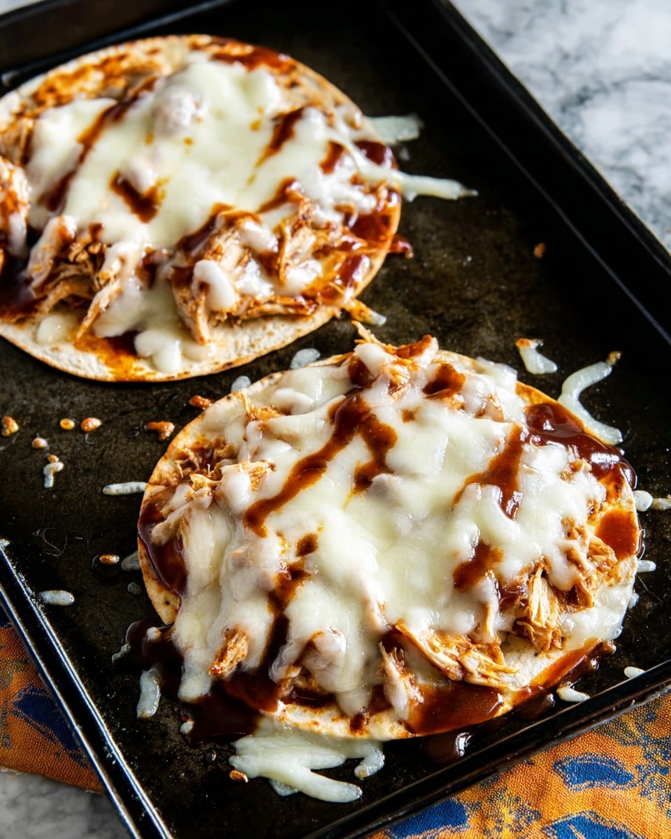 A single round tostada sits on a white plate, topped with three visible layers: at the bottom, a crispy, light golden tortilla provides a flat base; the middle layer is shredded chicken mixed with a reddish-brown sauce, spread unevenly with some pieces peeking out; the top layer is melted white cheese, soft and stretchy, covering the chicken but allowing some sauce to spill over, creating dark brown glossy spots. The edges of the tortilla are slightly crisped and browned, with cheese melting over the sides. The plate is on a white marbled surface. In the background, there is a blurred baking tray with more similar tostadas. photo taken with an iphone --ar 4:5 --v 7