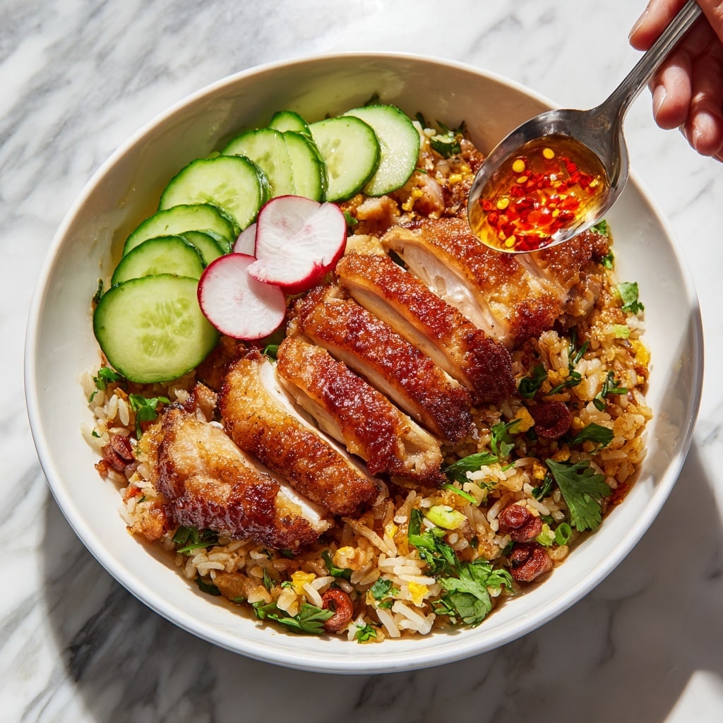 A white bowl holds a layered dish starting with a base of fried rice mixed with green herbs, small red sausage slices, and bits of vegetables. On top, there are four golden-brown crispy chicken pieces placed neatly side by side. To the side of the chicken, there are fresh cucumber slices and small red radishes adding bright green and red colors. Above the chicken, a woman's hand holds a spoon that drizzles shiny, red chili oil onto the chicken skin which glistens under the light. All of this is set on a white marbled background. photo taken with an iphone --ar 4:5 --v 7
