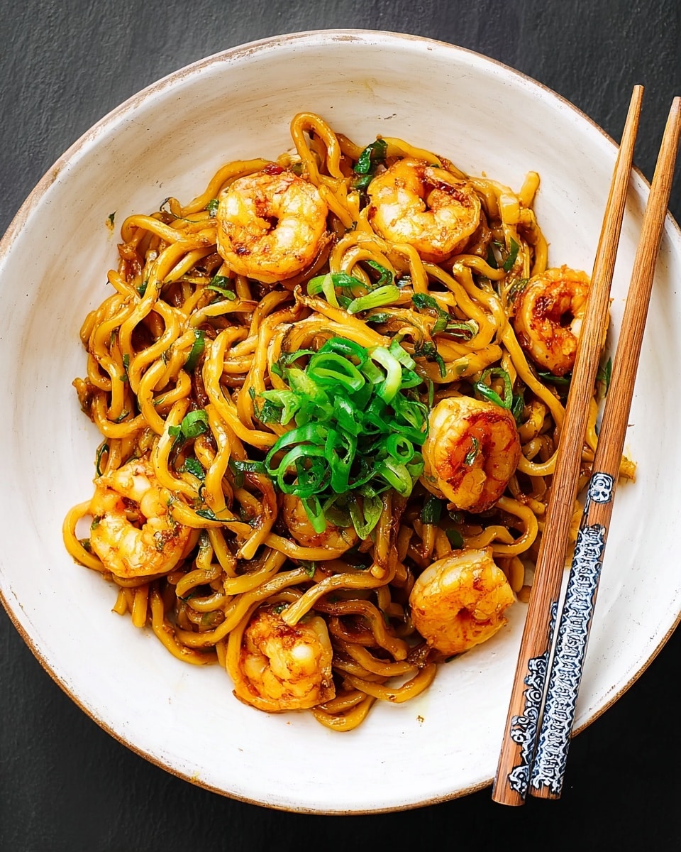 A close-up image of a white bowl filled with thick, slightly glossy yellow noodles mixed with orange-brown cooked shrimp, scattered with bright green chopped scallions. The noodles are being lifted by a pair of brown chopsticks held by a woman's hand at the top right, showing strands of noodles hanging and cured bits clinging to them. The background is blurred and dark with a white marbled surface beneath the bowl. photo taken with an iphone --ar 4:5 --v 7