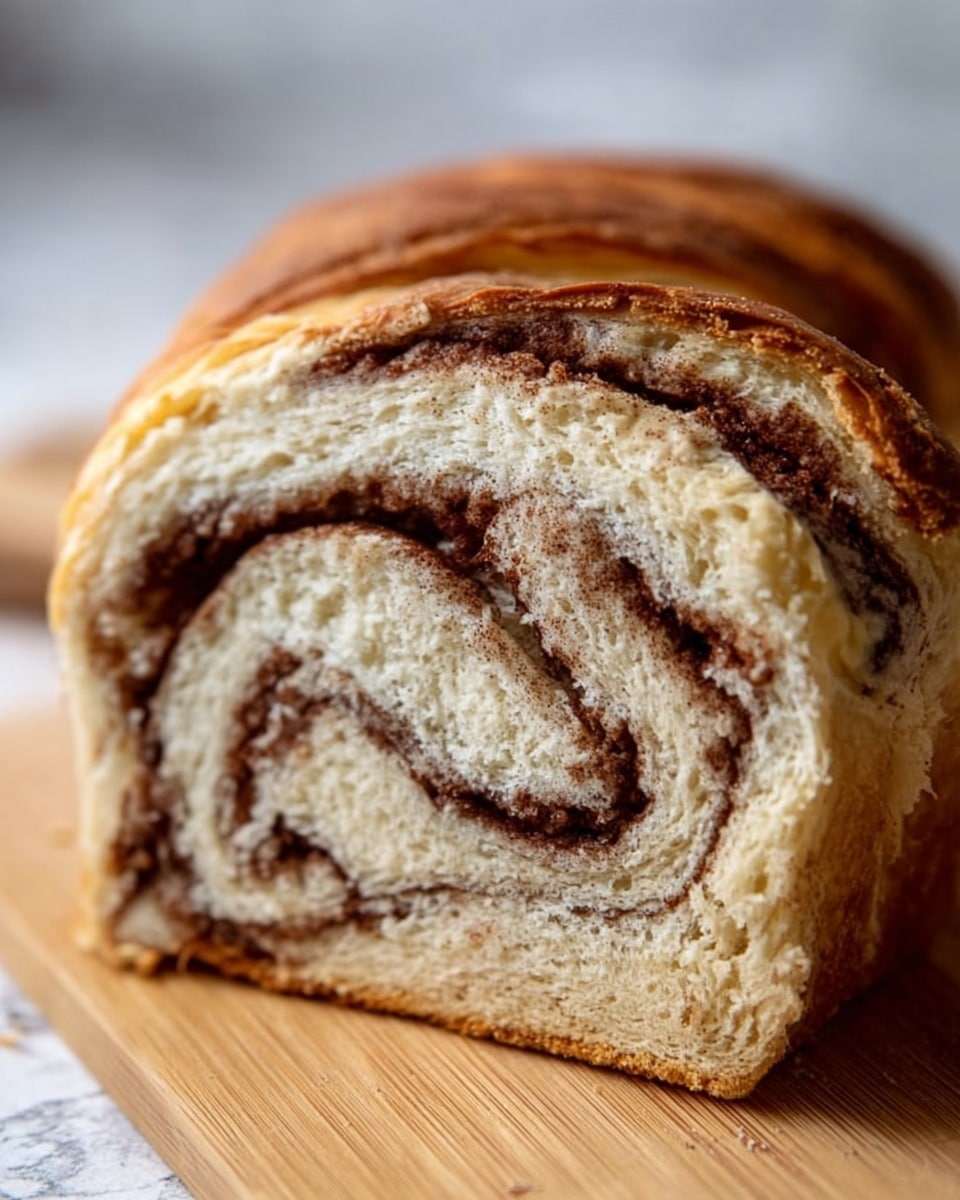 The image shows a loaf of cinnamon swirl bread with two thick slices cut from it. The bread loaf has a golden brown crust with some darker, slightly burnt spots on top. Inside, several layers of light beige dough are twisted with darker brown cinnamon swirls, creating a spiral pattern in each slice. The loaf and slices rest on a wooden board with a knife beside them on a white marbled surface. The texture of the bread looks soft and fluffy inside with a crisp crust. A woman's hand is holding one slice near the knife. Photo taken with an iphone --ar 4:5 --v 7