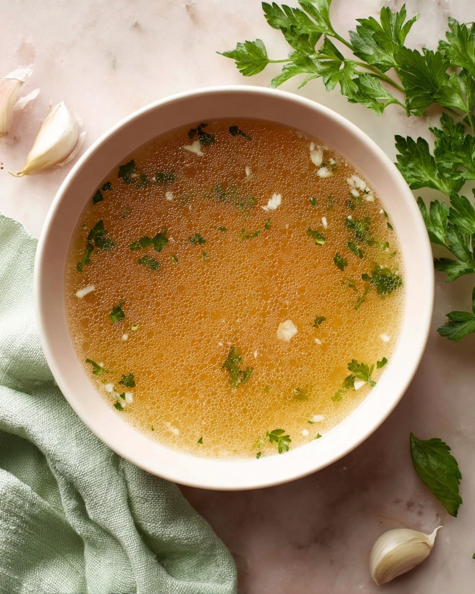 A large yellow pot filled with a clear golden broth that has small bubbles of oil and chopped green herbs floating on top. A silver ladle is lifted above the pot, holding the same broth with visible tiny pieces of white garlic and green herbs that shine in the light. The pot is placed on a white marbled surface with sprigs of fresh green herbs nearby and blurred garlic bulbs in the background. photo taken with an iphone --ar 4:5 --v 7