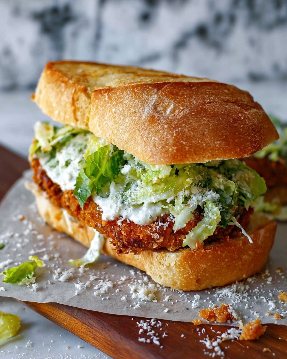 A sandwich with a golden-brown toasted crusty bread cut in half horizontally. Inside the bread, there is a crispy, brown fried patty at the bottom layer, topped with a generous amount of fresh green lettuce mixed with a creamy white dressing, sprinkled with finely grated white cheese. The sandwich sits on a piece of parchment paper on a wooden board with some scattered grated cheese and small bits of lettuce around. The background has a white marbled texture. photo taken with an iphone --ar 4:5 --v 7