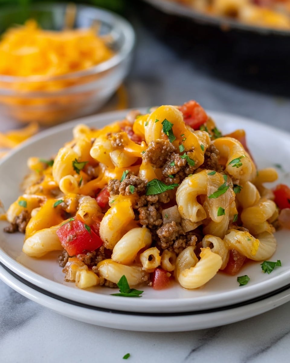 A white plate stacked on top of another white plate holds a serving of macaroni mixed with ground beef, diced red tomatoes, and melted orange cheddar cheese. The macaroni are creamy white with a slight shine, twisted shapes with some cheese dripping over them. Small green parsley leaves are scattered on top, adding a fresh pop of color. The dish sits on a surface with a white marbled texture with some shredded cheddar cheese scattered around. In the background, a glass bowl filled with more sauce or dip is slightly blurred. Photo taken with an iphone --ar 4:5 --v 7