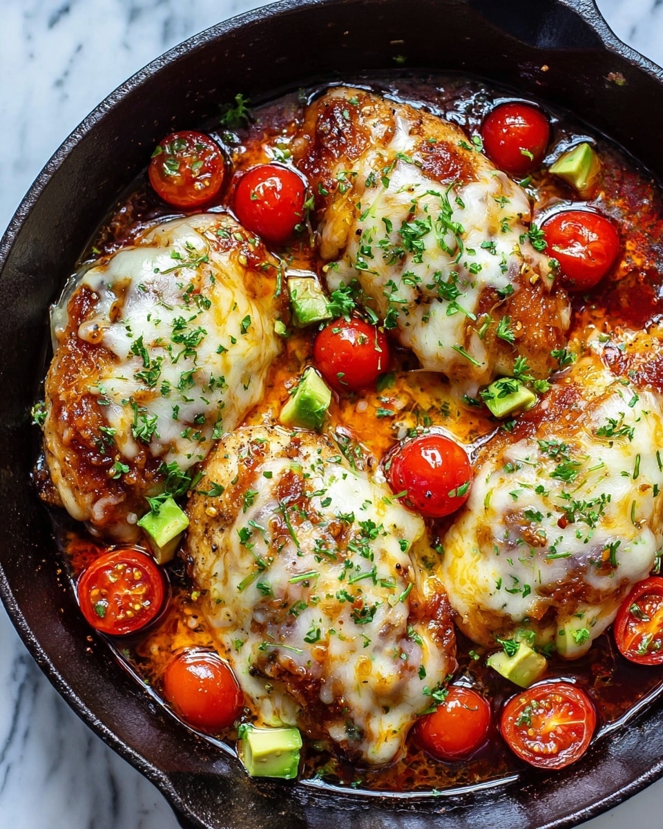 The image shows a cast iron skillet filled with four pieces of cooked chicken breasts, each covered with melted golden and white cheese forming a bubbly, slightly browned layer on top. Surrounding the chicken are small, sliced bright red cherry tomatoes and diced green avocado chunks that add vibrant color. The dish is garnished with finely chopped green herbs sprinkled all over, and some cracked black pepper bits are visible on the cheese. The rich sauce around the chicken is a deep red, slightly oily and glossy, filling the skillet’s bottom. The skillet sits on a white marbled surface. Photo taken with an iphone --ar 4:5 --v 7