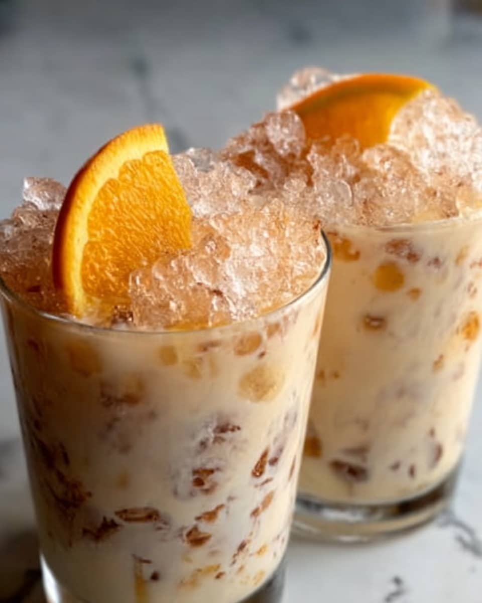 Two clear glasses filled with a creamy orange drink mixed with small brown bits throughout, creating a marbled effect in light orange and cream colors. Each glass is topped with a large amount of clear crushed ice that catches the light, sitting unevenly above the rim. At the back edge of each glass is a slice of bright orange fruit showing its textured juicy flesh and outer skin, leaning against the crushed ice. The glasses sit on a white marbled surface, and the background is softly blurred. Photo taken with an iphone --ar 4:5 --v 7