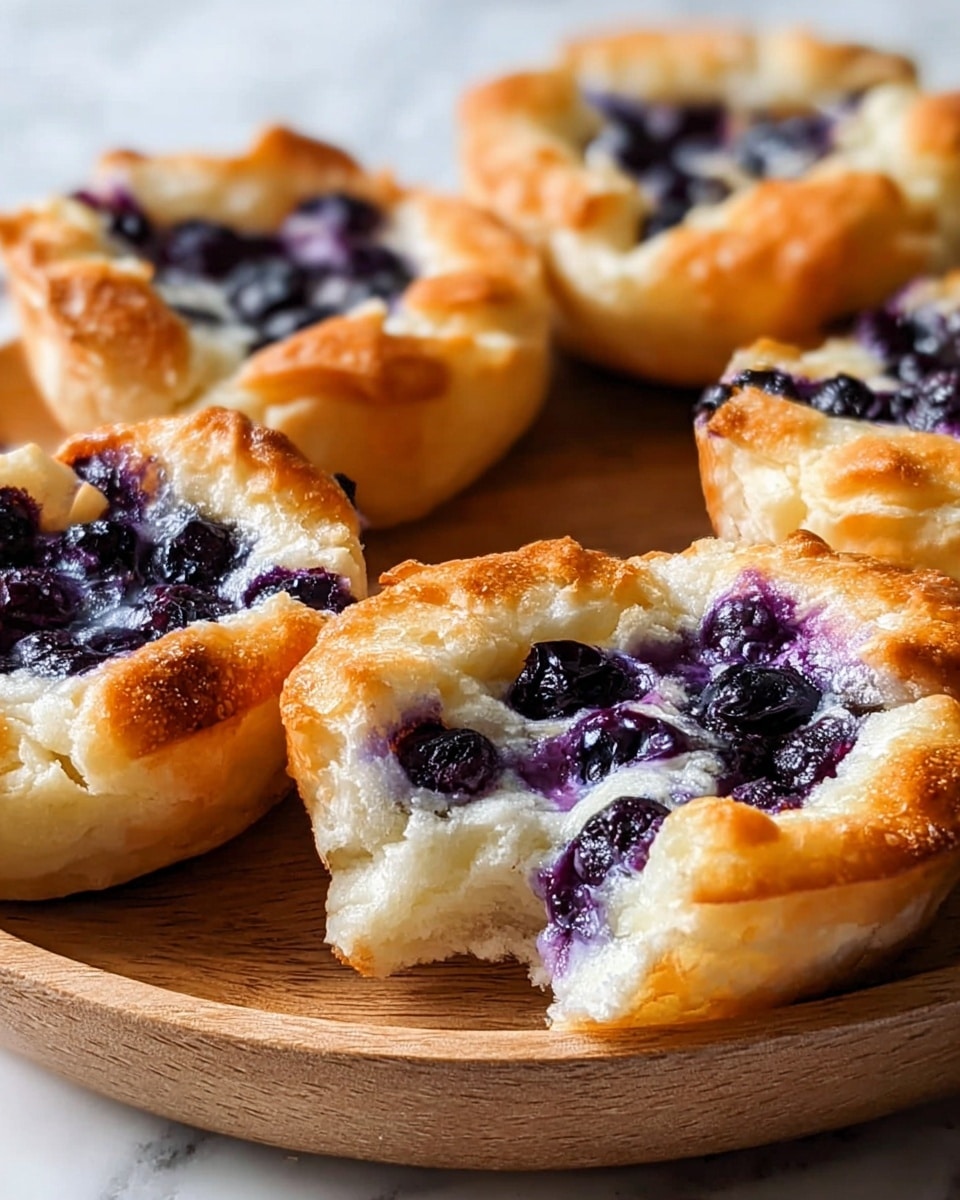 The image shows four small round breads with a golden brown top and soft light cream-colored inside. Each bread has several dark purple blueberries baked into the top layer, with some blueberry juice slightly spreading on the surface. One bread in the front has a piece torn from it, showing the fluffy inside. The breads are placed on white parchment paper over a round wooden board. In the background, there is a white bowl filled with fresh blueberries, all set on a white marbled surface. photo taken with an iphone --ar 4:5 --v 7