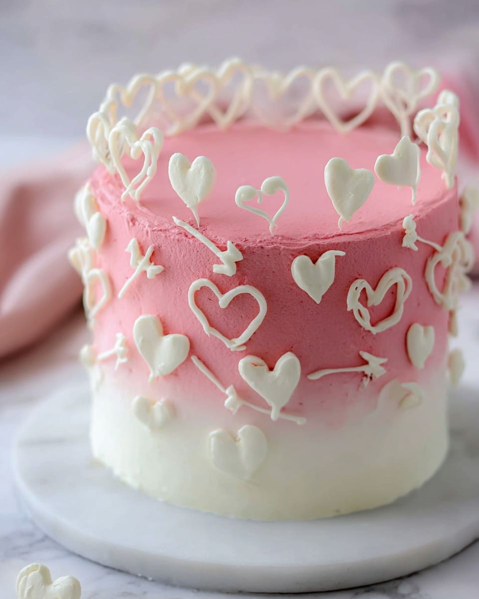 This cake has two main layers of frosting: the bottom layer is white and smooth, and the top layer is pink, covering most of the cake. On the pink frosting, there are many white heart shapes made from piped icing, some small and some large, with some hearts having arrow designs going through them. The hearts are placed all around the sides and on the top edge of the cake. The cake stands on a white plate with a white marbled surface in the background. Photo taken with an iphone --ar 4:5 --v 7