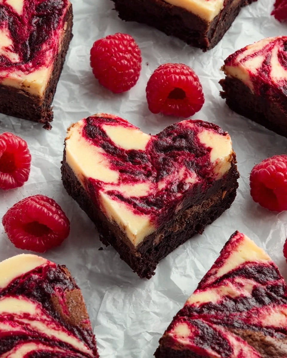 The image shows heart-shaped brownies arranged on a white marbled surface with crinkled parchment paper underneath. Each brownie has two visible layers: a thick, dark brown bottom layer with a moist, dense texture, and a creamy top layer swirled with deep red raspberry sauce, creating a marbled pattern. Fresh raspberries are placed around the brownies, adding a bright, natural red color contrast. The brownies’ edges are clean and sharp, highlighting their freshly cut look. photo taken with an iphone --ar 4:5 --v 7