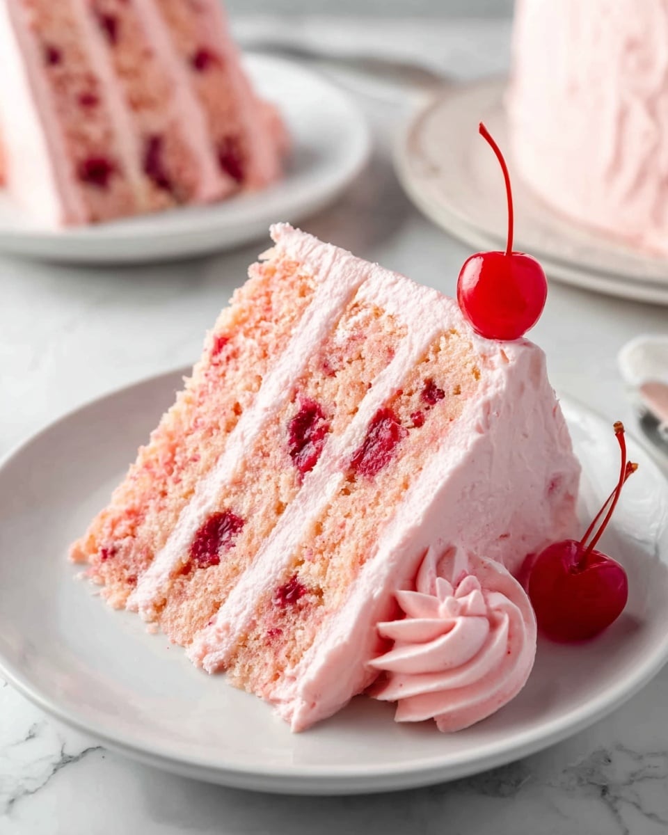 A round cake covered in smooth light pink frosting with a slightly textured surface, sitting on a white plate placed on a white marbled surface. On top, there is a single layer of evenly spaced swirls of pink whipped cream, each topped with a bright red cherry with a long stem. The whole cake has a soft and fluffy look with the pink color consistent throughout. Photo taken with an iphone --ar 4:5 --v 7