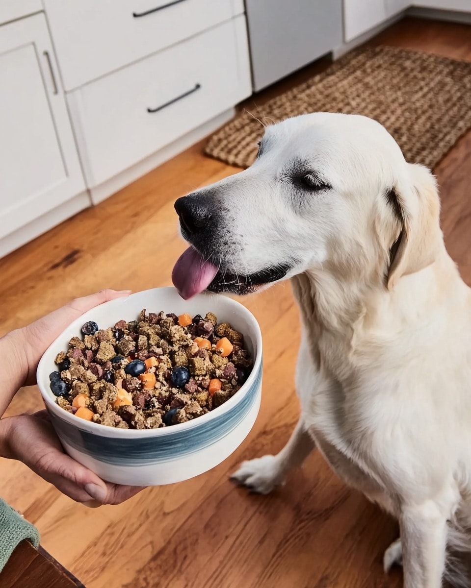 A close-up of a white dog eating from a white bowl that has a blue stripe near the top, filled with a mix of cooked ground meat, orange carrot pieces, and blueberries visible on the surface, held by a woman's hand. The bowl is on a wooden floor next to the dog's front legs, with a white kitchen cabinet in the background and a natural brown woven rug partially visible on the right side. Photo taken with an iphone --ar 4:5 --v 7