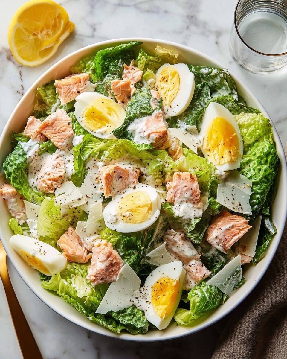 A white bowl filled with layers of fresh green romaine lettuce leaves forming the base, topped with chunks of light pink cooked salmon, and halves of boiled eggs showing yellow yolks and white edges, all sprinkled with black pepper and thin slices of pale parmesan cheese. A lemon slice rests on the side inside the bowl, and a creamy white dressing is drizzled over the salad. The bowl sits on a white marbled surface with a gold spoon and glasses of water nearby. photo taken with an iphone --ar 4:5 --v 7