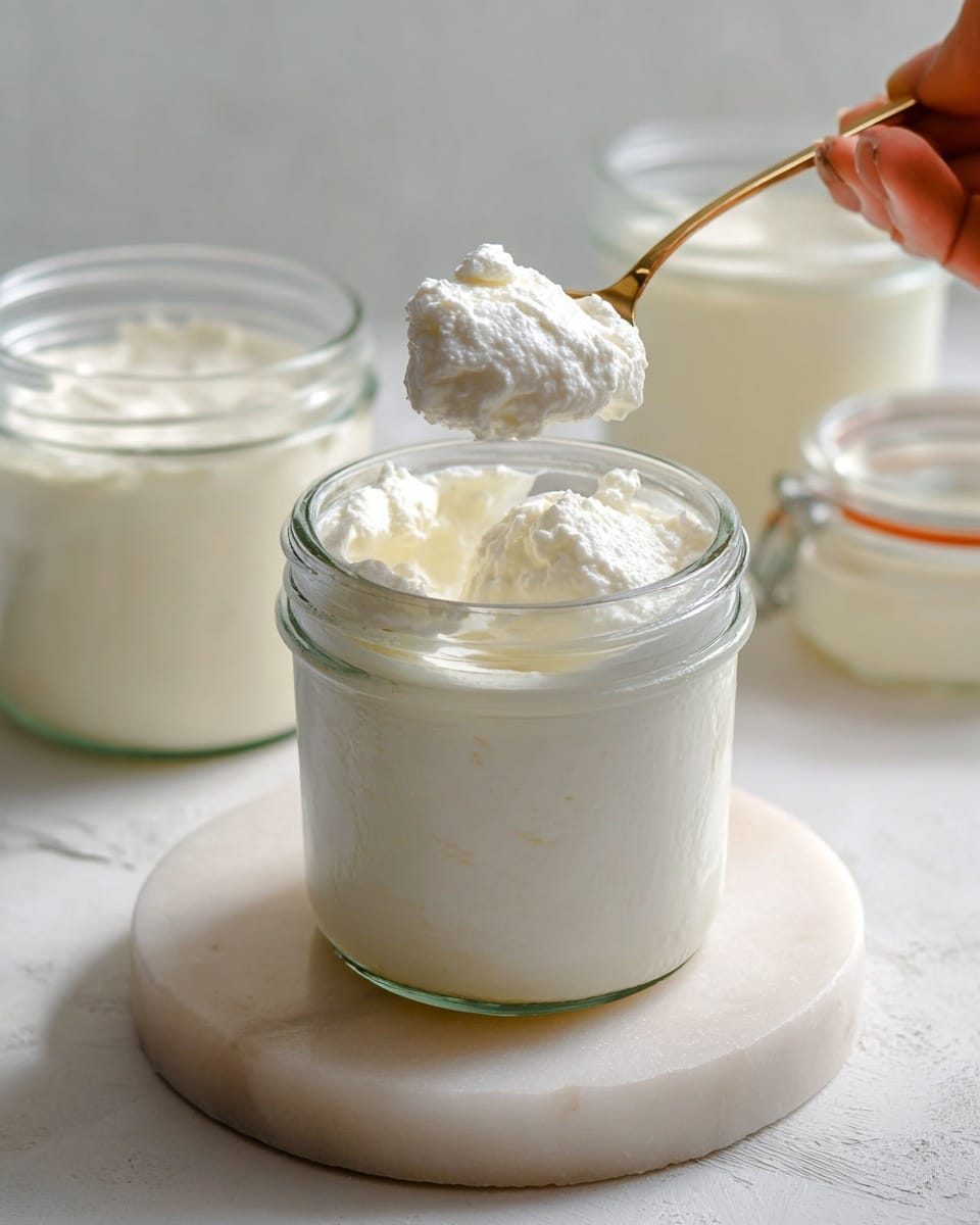 The image shows a clear glass container filled with thick, white creamy yogurt with a smooth texture and slight peaks on the surface. A white spoon with a gold tip is inserted into the yogurt, resting on the edge of the glass. Behind it, two more similar glass jars with orange rubber seals and metal clasps contain more yogurt, adding depth to the scene. The containers are placed on a white marbled texture surface, with a soft white cloth partially visible on the left side and white flowers subtly placed on the right side. The lighting is soft and natural, highlighting the creamy yogurt texture. photo taken with an iphone --ar 4:5 --v 7