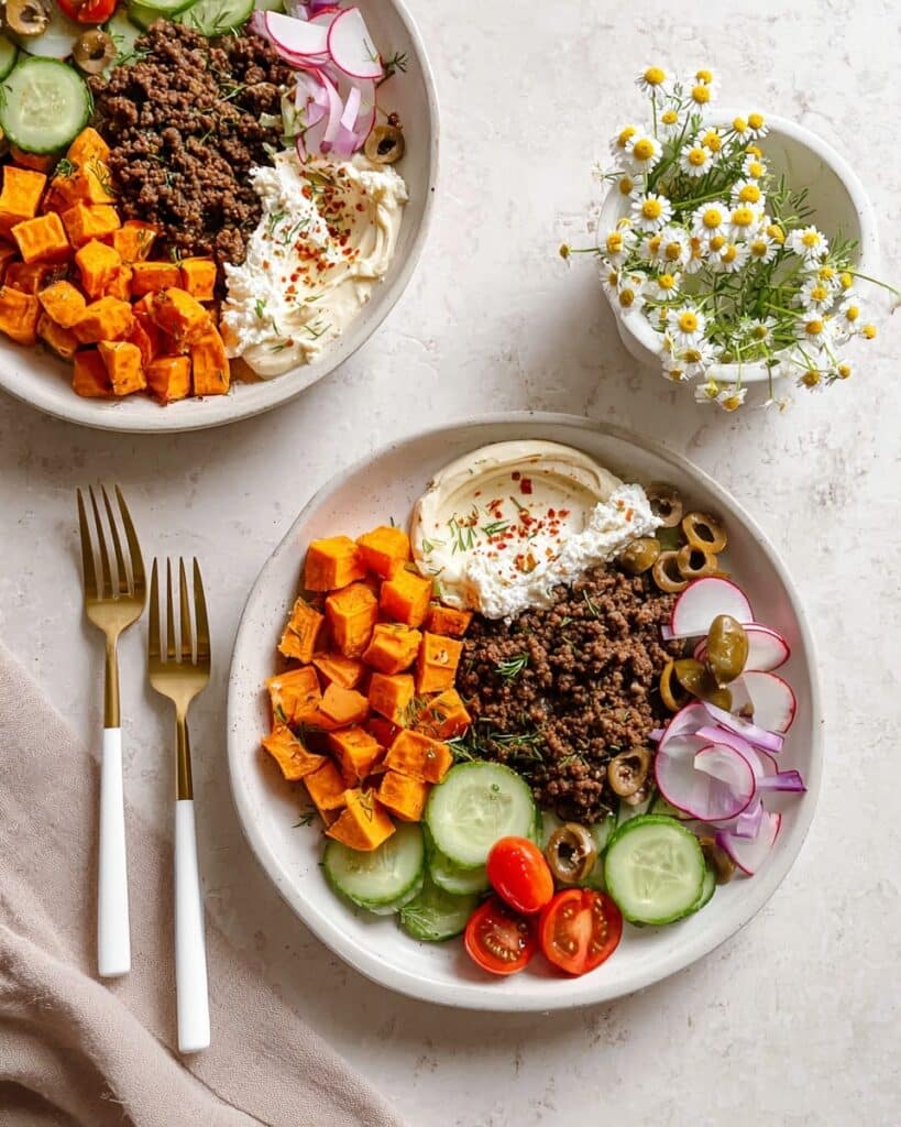 Ground Beef & Roasted Sweet Potato Bowls with Fresh Veggies and Feta Recipe