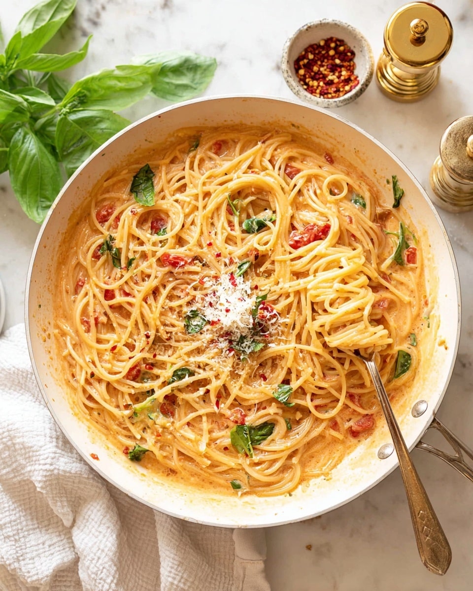 A white pan filled with creamy spaghetti showing three main layers: at the bottom, a light orange creamy sauce with bits of red from diced tomatoes and green spinach leaves, the middle layer has long, smooth spaghetti noodles coated evenly in sauce, and the top layer is sprinkled with finely grated cheese and red chili flakes. A white fork is twirling a small bunch of spaghetti over the right side of the pan, and a single green basil leaf topped with red chili flakes sits nearby. Around the pan, scattered fresh basil leaves and a white cloth add softness, all placed on a white marbled surface. Photo taken with an iphone --ar 4:5 --v 7