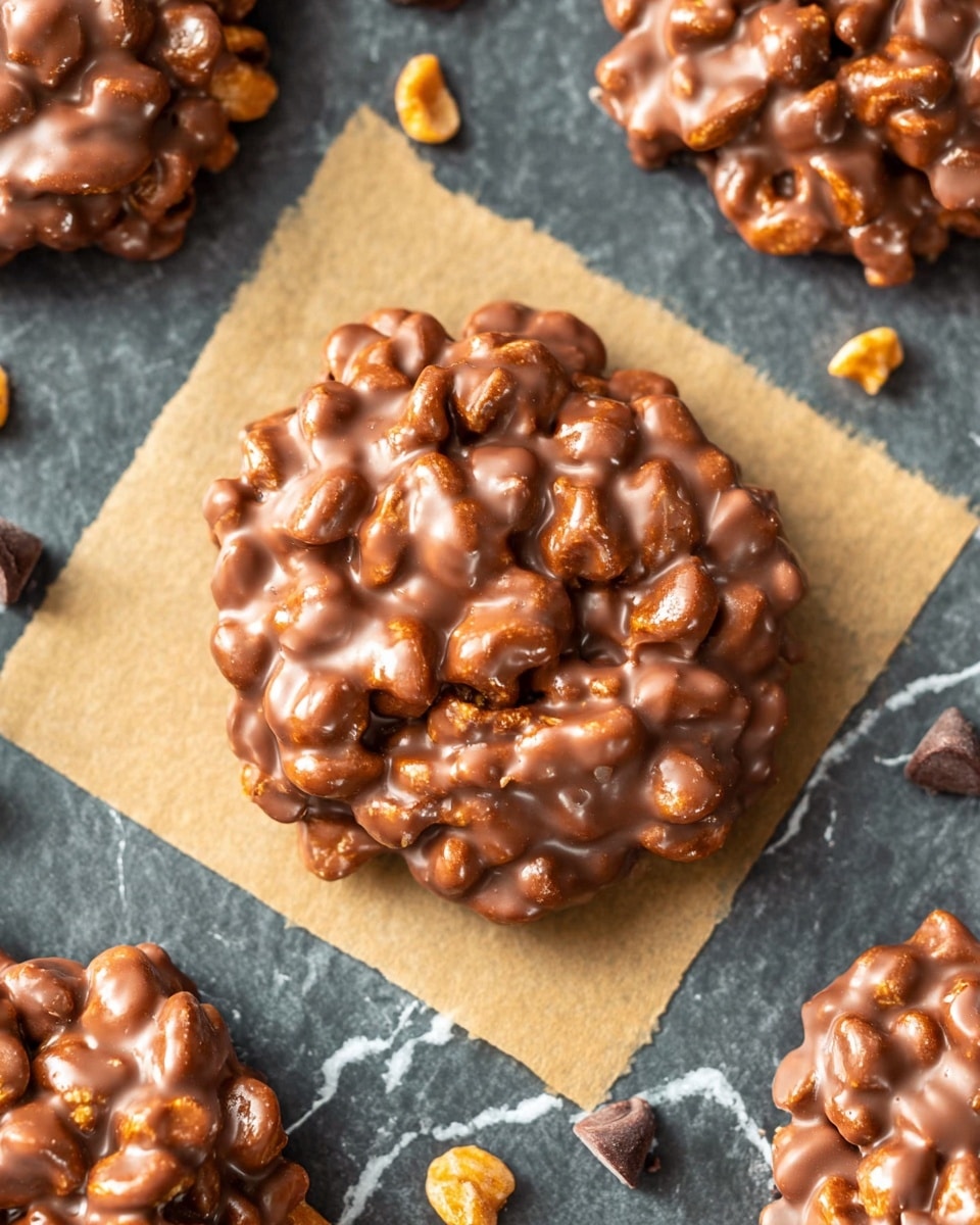 The image shows a close-up of a round chocolate peanut cluster cookie placed on a square piece of light brown parchment paper. The cookie is thick and textured, made up of many light brown peanuts coated in smooth, rich milk chocolate. Around the cookie, parts of four more similar cookies are visible on a white marbled surface, with a few small triangular chocolate pieces scattered near the center cookie. The surface has a clean, bright look, highlighting the glossy, slightly irregular shape and chunky texture of the chocolate peanut cluster cookie. Photo taken with an iphone --ar 4:5 --v 7