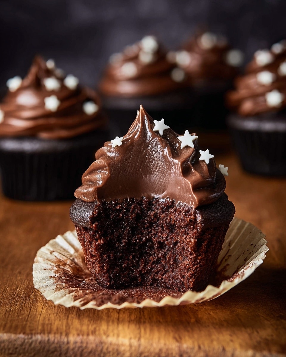 A chocolate cupcake cut in half sits on a white cupcake liner on a wooden surface with a blurred dark background. The cupcake has one thick, moist, deep brown cake layer at the bottom, topped by a smooth, glossy, dark chocolate frosting layer that is thick and shiny. Above this frosting is a swirl of rich, dark chocolate icing with a creamy texture, decorated with small white star-shaped sprinkles evenly placed around the edge. In the background, more chocolate cupcakes with similar dark frosting and white star sprinkles are visible but blurred. photo taken with an iphone --ar 4:5 --v 7