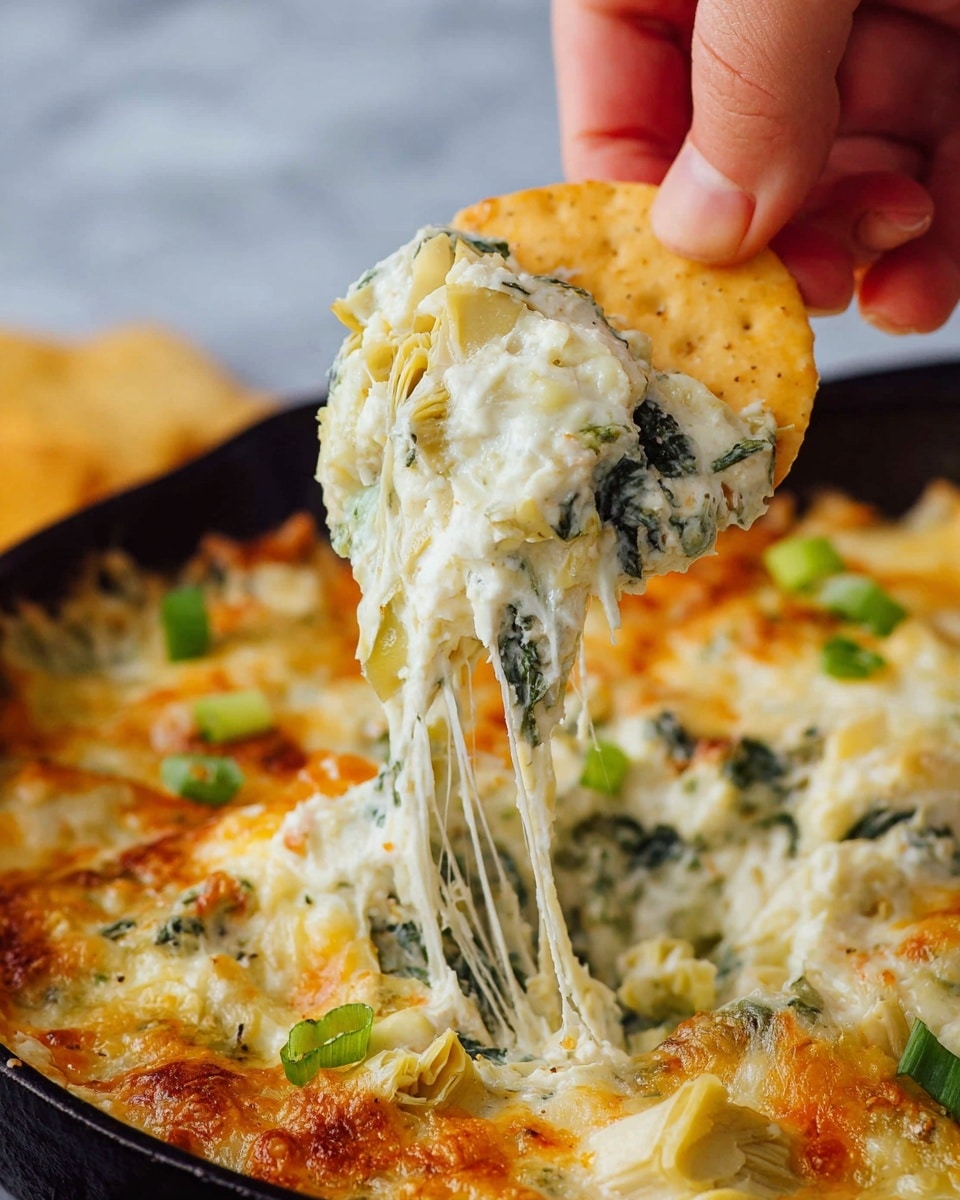 A round black cast iron skillet filled with creamy spinach artichoke dip that has a golden-brown, bubbly top layer of melted cheese with small green bits of chopped scallions scattered on top, all spread evenly to the edge. The skillet sits on a blue cloth on a dark surface, surrounded by a loose pile of golden, crispy pita chips with varied shapes and some slightly burnt edges. photo taken with an iphone --ar 4:5 --v 7