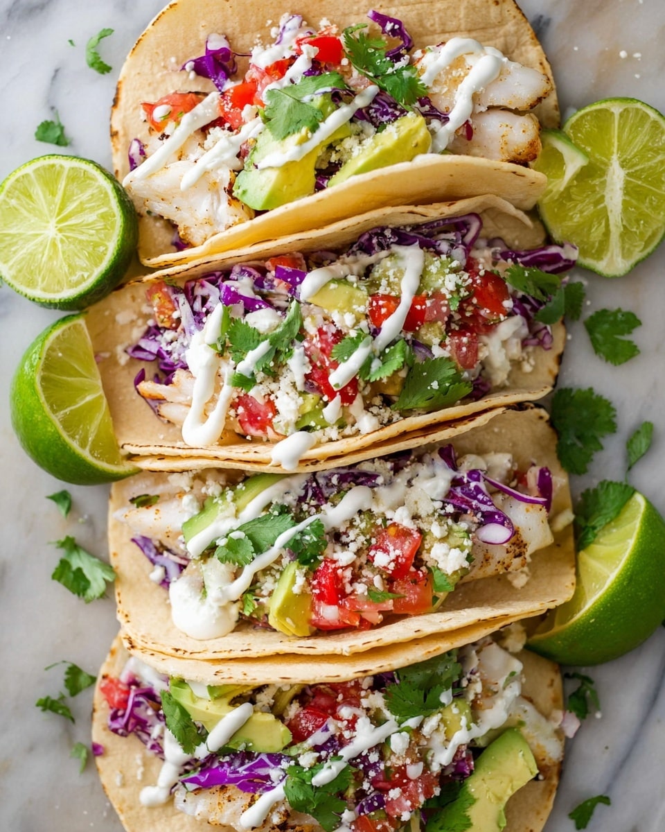 Three soft corn tacos are filled with a base of light golden grilled fish pieces. On top of the fish, there is a mix of bright purple cabbage and small red tomato chunks. The tacos are drizzled with a smooth white sauce and sprinkled with white crumbly cheese. Fresh green cilantro leaves and slices of green avocado are placed on and around the tacos. The tacos sit on a surface with a white marbled texture, and lime wedges with bright green rind are visible at the edges. Photo taken with an iphone --ar 4:5 --v 7