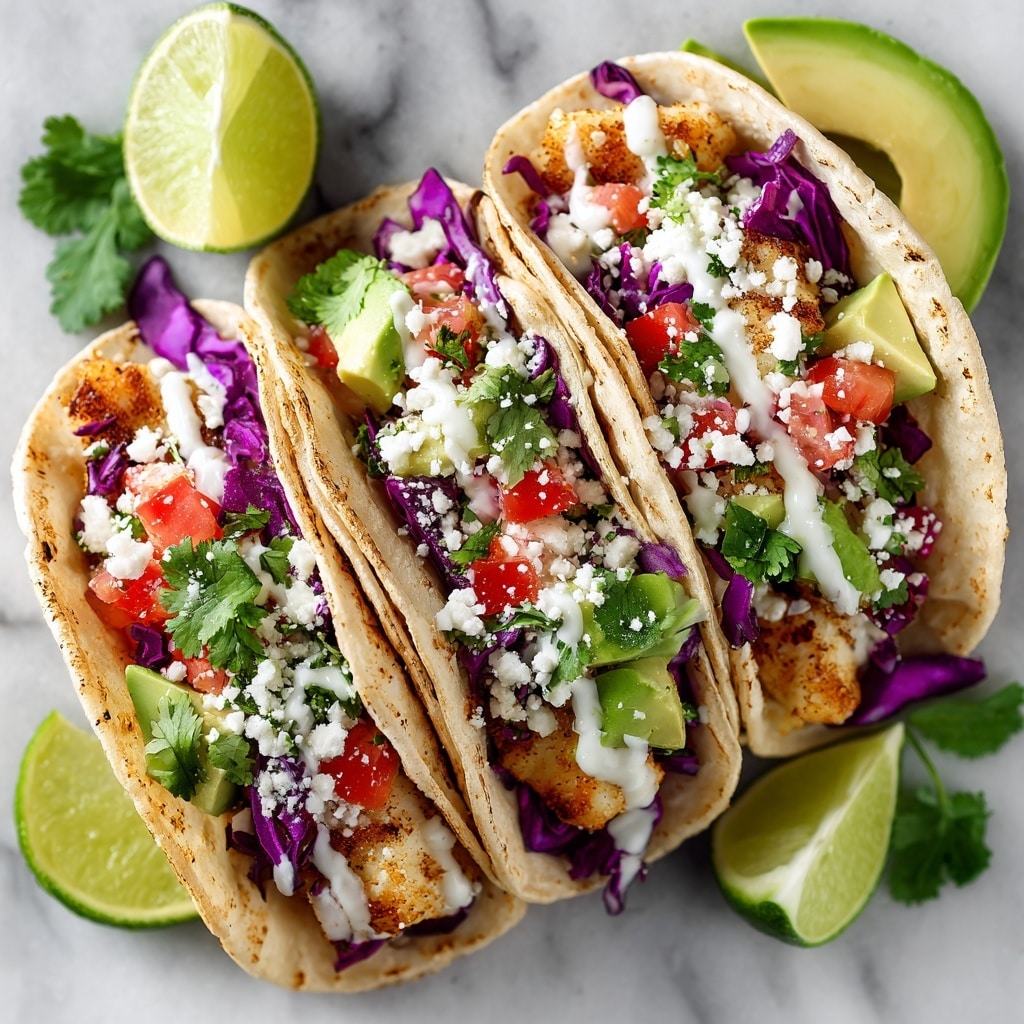 Four soft corn tortillas are folded and filled with layers of grilled white fish at the bottom, topped with shredded purple cabbage, small diced red tomatoes and green avocado pieces. Fresh green cilantro leaves are scattered throughout, along with crumbled white cheese and light white sauce drizzled on top. The tacos are arranged closely together on a white marbled surface, with lime wedges and extra cilantro sprinkled around them. The overall look is colorful with green, purple, red, and white tones. Photo taken with an iphone --ar 4:5 --v 7