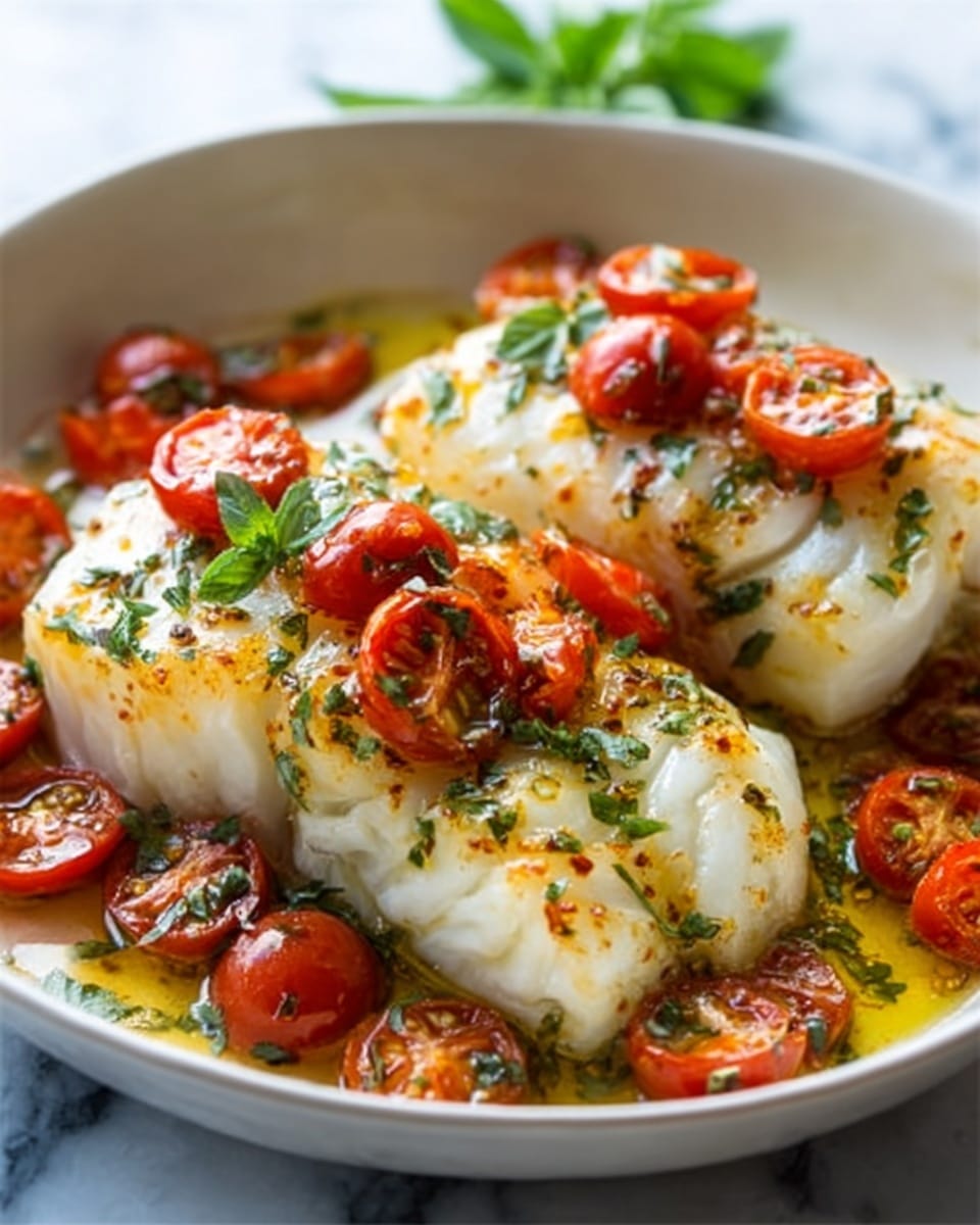 The image shows two thick white fish fillets cooked and placed side by side in a white bowl. On top of the fillets are small red cherry tomato halves and green herbs scattered all over. The fish looks soft with a slightly flaky texture and is covered with a light sauce that has some olive oil and herbs visible. The tomatoes have a juicy and fresh look, adding bright red color to the dish. The background has a white marbled texture, and a small green leafy garnish can be seen in the corner. Photo taken with an iphone --ar 4:5 --v 7