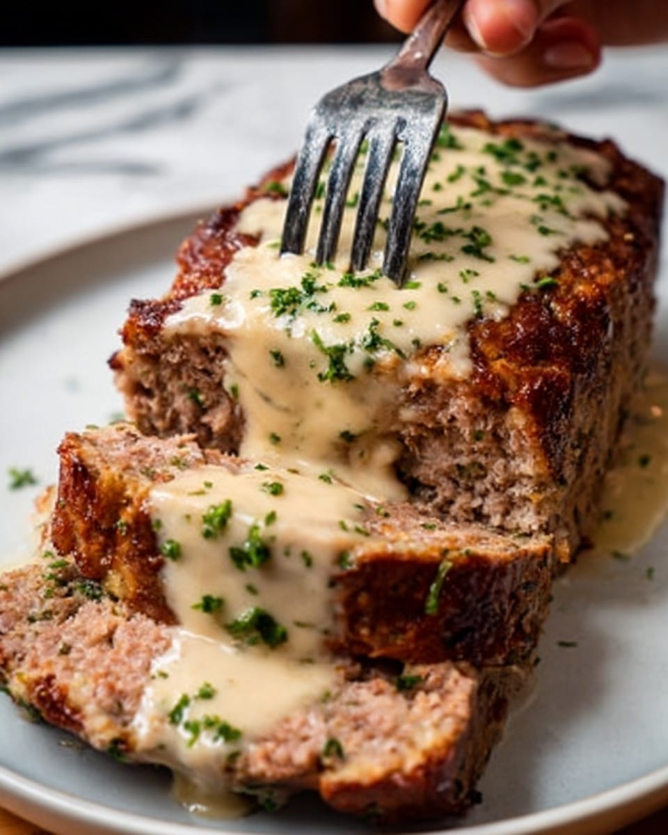 The image shows a close-up of a meatloaf on a white plate placed on a white marbled surface. The meatloaf is thick and browned on the outside with a rough texture, sliced open to reveal a light pink interior. It is covered with a thick, creamy beige sauce that smooths over the top and sides, with small green chopped herbs sprinkled generously on top. A fork held by a woman's hand is cutting into the meatloaf from the top right corner, pressing down gently into the soft interior. Photo taken with an iphone --ar 4:5 --v 7