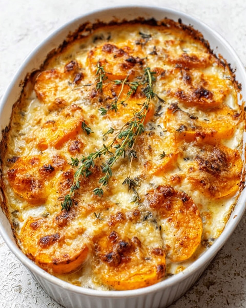 A white oval ceramic dish filled with a baked dish that has many golden brown layers on top, showing a mix of creamy white sauce and roasted orange sweet potato slices. The top layer is bubbly and slightly crispy with melted cheese that has browned spots and small green sprigs of fresh thyme scattered all over. The edges of the dish are browned and the cheese looks stretchy and gooey in places. The dish sits on a white marbled textured surface. Photo taken with an iphone --ar 4:5 --v 7