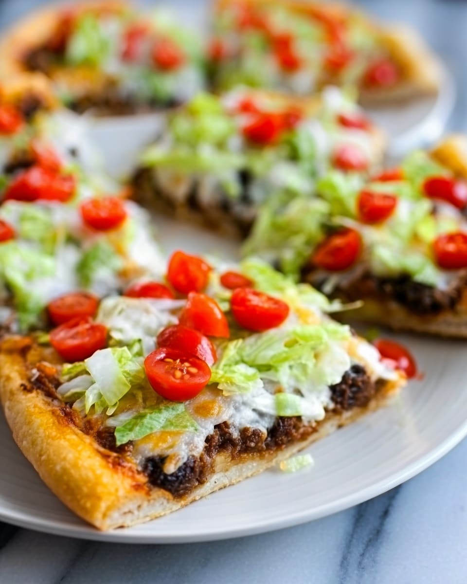A rectangular pizza with a thick, golden-brown crust frames the dish placed on a white marbled surface. The first layer is a smooth white cream spread evenly over the dough, followed by a dark brown layer of seasoned ground beef. Next, there is a layer of shredded orange cheddar cheese scattered generously. On top of that sits a light green layer of shredded lettuce, with small, bright red sliced cherry tomatoes placed evenly on the surface. The colors are vibrant, and the textures vary from creamy to crunchy, all presented on a silver baking tray. Photo taken with an iphone --ar 4:5 --v 7