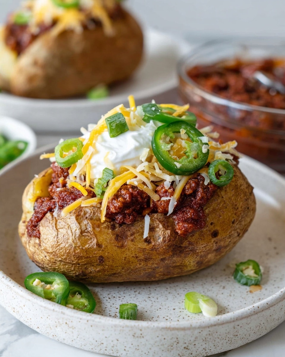 The image shows a baked potato on a white speckled plate placed on a white marbled surface. The potato has a golden brown, crispy skin with a fluffy interior. It is filled with a thick, dark red chili meat mixture layered inside. On top of the chili layer, there is a sprinkle of shredded yellow and white cheese, followed by a dollop of white sour cream in the center. Slices of fresh green jalapeño peppers and small green onion pieces are scattered on top of the sour cream and cheese, adding color and texture. In the background, there is another similar loaded baked potato on a white plate, slightly blurred. A close-up of a glass bowl filled with chili can be seen to the right corner. Photo taken with an iphone --ar 4:5 --v 7