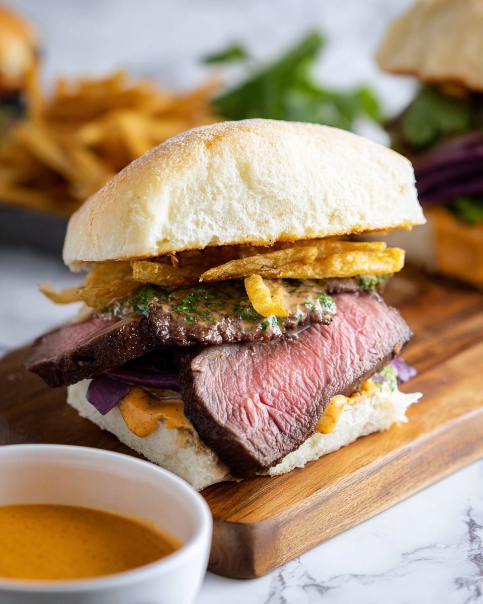 The image shows a sandwich with a white, soft ciabatta bun that has a slightly crispy outer texture. The bottom layer has a mix of cooked purple onions, followed by a thick slice of medium-rare steak with a pink and juicy center. On top of the steak, there are thin, golden-brown fried strips that add crunch, and a layer of creamy yellow sauce with green herb bits, spread both on the fried strips and peeking from under the top bun. The sandwich is placed on a wooden board, with a bundle of fresh green herbs blurred in the background and a white bowl of reddish-orange dipping sauce. Photo taken with an iphone --ar 4:5 --v 7