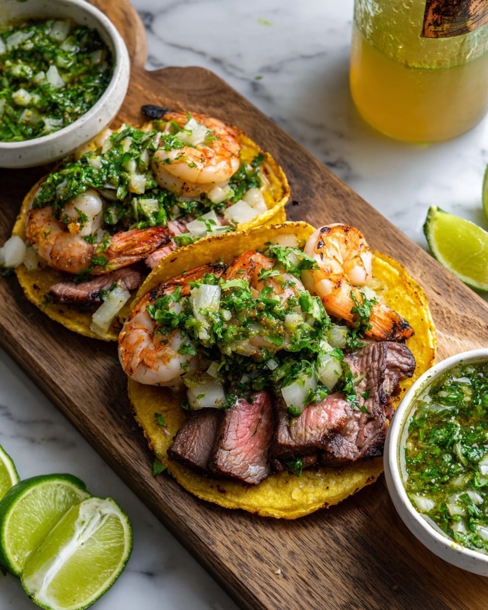 The image shows three tacos arranged in a stack on a wooden board, each taco having a yellow tortilla as the base layer. On top of the tortillas, there is a layer of grilled and sliced steak with a pink center, followed by a generous layer of cooked shrimp with a light char. The tacos are topped with a bright green chopped herb mix, likely cilantro with small bits of garlic or onion, adding texture and freshness. To the side, there is a small white bowl filled with more of the same green herb sauce or salsa. A few lime wedges are placed nearby, adding a pop of green, and a glass bottle with a yellowish liquid and a metal cap is partially visible. The whole scene is set on a white marbled surface. photo taken with an iphone --ar 4:5 --v 7