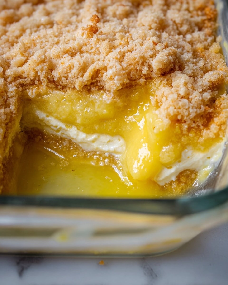 A glass baking dish filled with a golden brown baked casserole with a crumbly, slightly uneven crust on top. The crust has a mix of light and darker golden patches with a rough texture showing some cracks and soft spots. Underneath the crust, there appears to be a smooth, creamy layer that is slightly yellow, peeking through the cracks. The dish is placed on a white marbled surface with soft natural light showing the uneven texture and warm color of the casserole. photo taken with an iphone --ar 4:5 --v 7