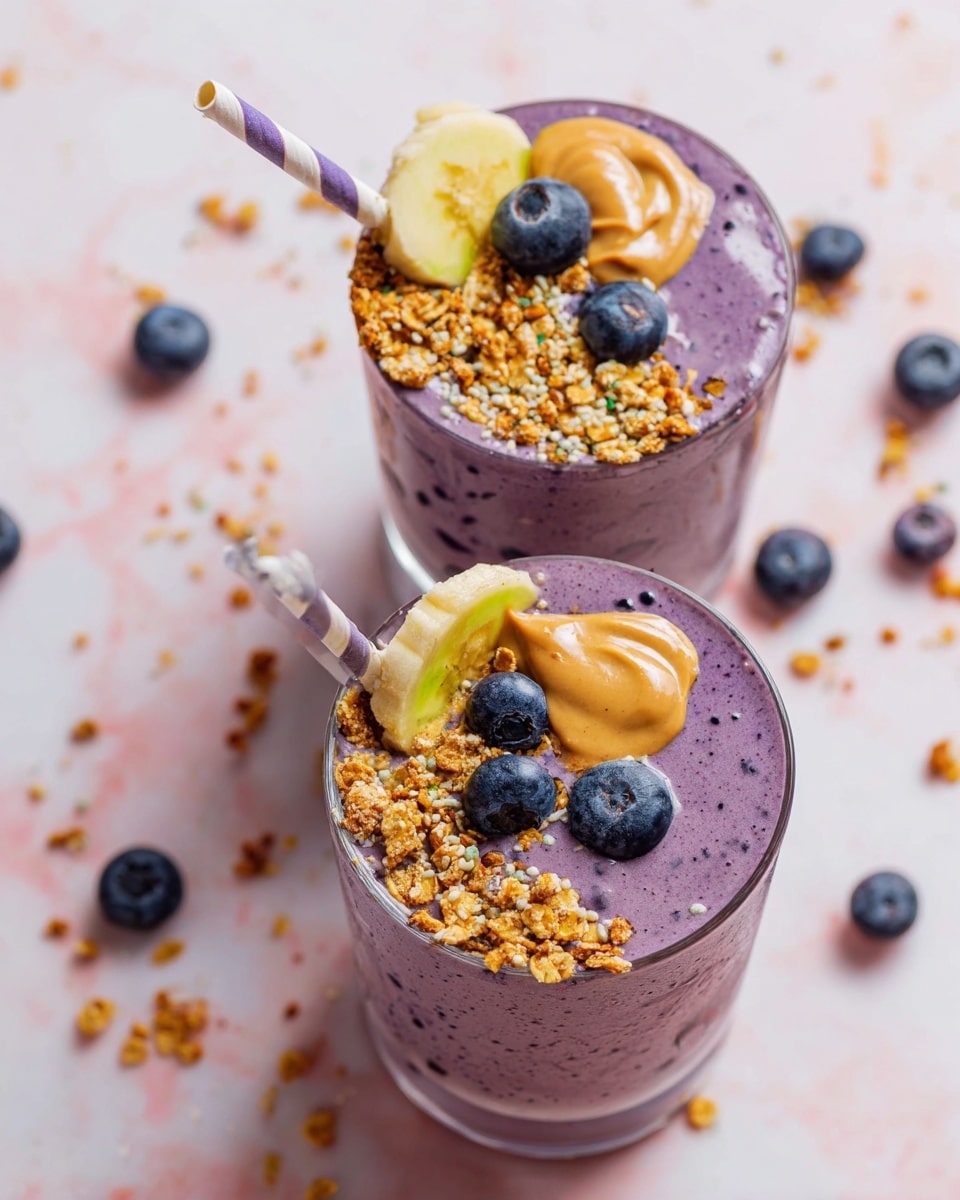 Two clear glasses filled with a thick purple smoothie that has small dark specks inside. The top layer of each glass is decorated with a mix of golden granola, light brown peanut butter spread, and three plump, dark blue blueberries. One glass has a half-slice of yellow banana resting on the side, and both have a striped straw with white and purple bands inserted. The glasses are placed on a white marbled surface with scattered blueberries around them. photo taken with an iphone --ar 4:5 --v 7