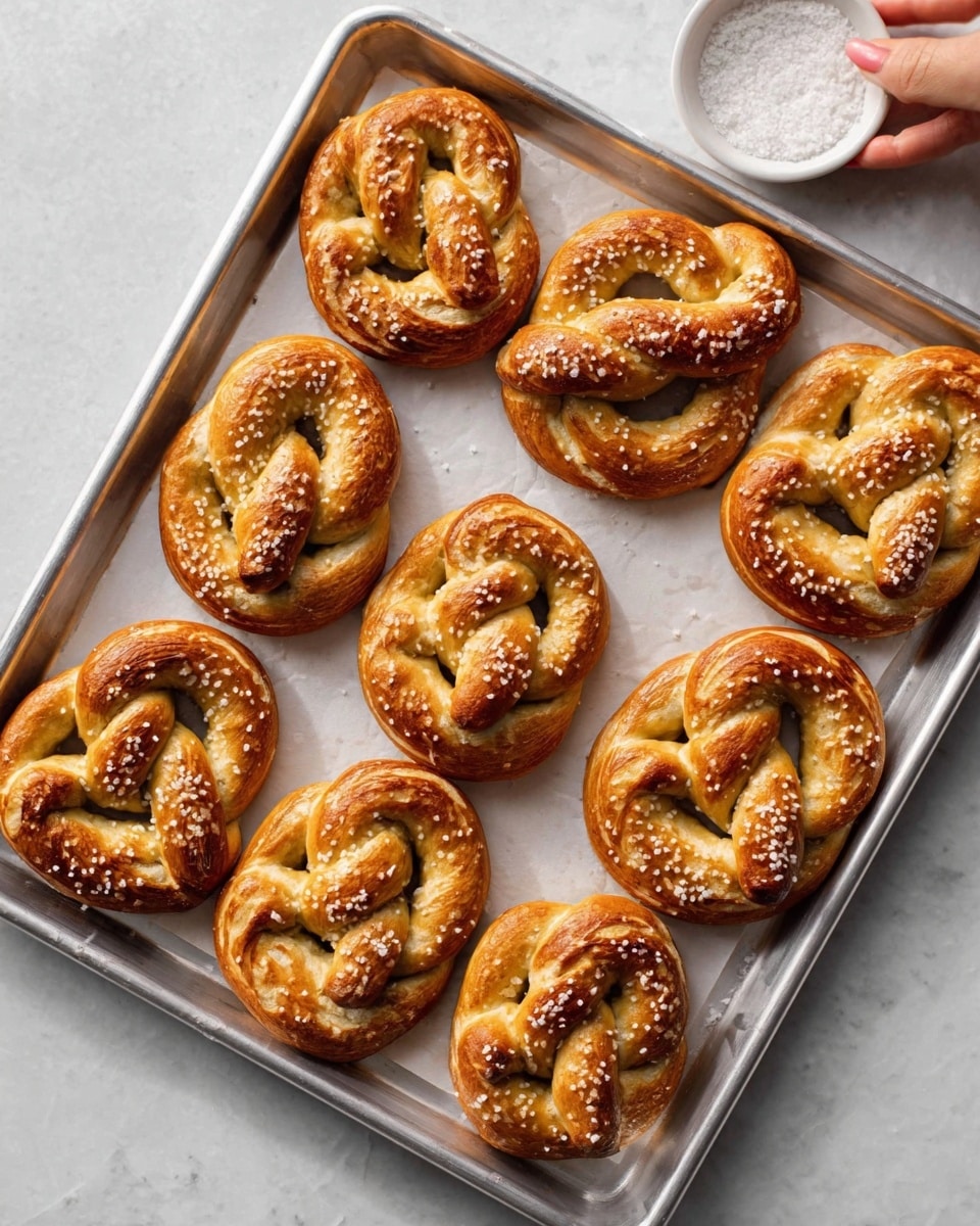 The image shows nine golden brown pretzels on a white baking tray placed on a white marbled surface. Each pretzel has a soft, shiny crust sprinkled with coarse salt giving a textured look, with slight cracks showing the soft inside. The pretzels are arranged in a neat grid, with their twisted shapes clearly visible, and the tray has a rim around the edges. A small white bowl of coarse salt sits at the top of the tray. The lighting highlights the warm colors and textures of the pretzels, making them look fresh and appetizing. Photo taken with an iphone --ar 4:5 --v 7