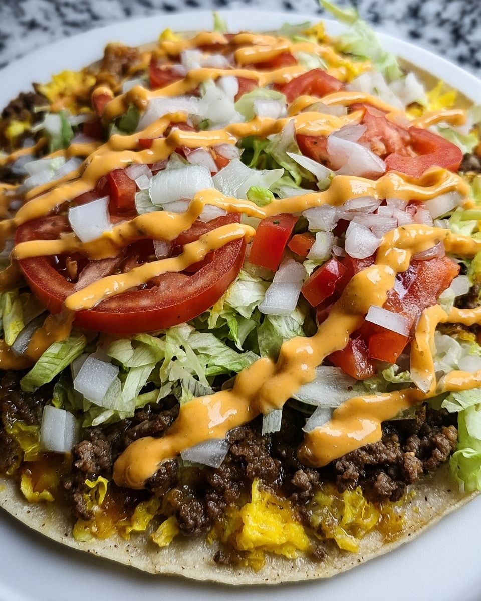 The dish is an open taco on a soft corn tortilla with five visible layers. The bottom layer is yellow shredded cheese mixed with scrambled eggs, followed by a cooked ground beef layer that looks juicy and browned. On top of the beef are fresh slices of red tomato, then shredded green lettuce and small white chopped onions scattered evenly. The whole dish is finished with orange creamy sauce drizzled in a zigzag pattern over the top. The taco is placed on a white plate with a white marbled textured surface. Photo taken with an iphone --ar 4:5 --v 7