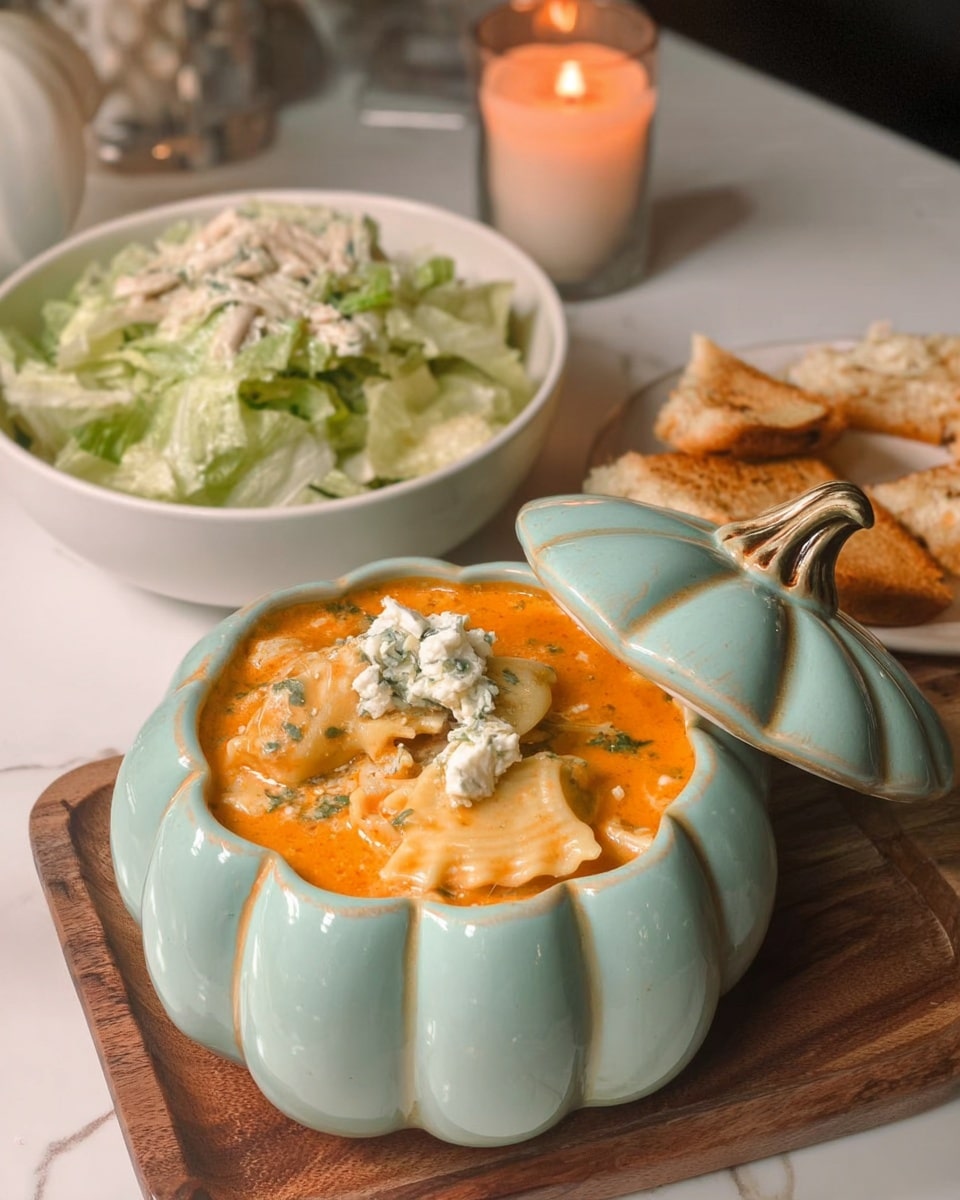 The image shows a green pumpkin-shaped ceramic bowl filled with creamy orange soup that has visible pieces of pasta and chunks of white cheese on top. The bowl lid is placed nearby to the left. In the background, there is a white bowl holding a green shredded salad mixed with small pieces of chicken or another light meat, and a thick slice of toasted bread positioned at the back edge of the bowl. All items rest on a wooden board, set against a white marbled surface. Photo taken with an iphone --ar 4:5 --v 7