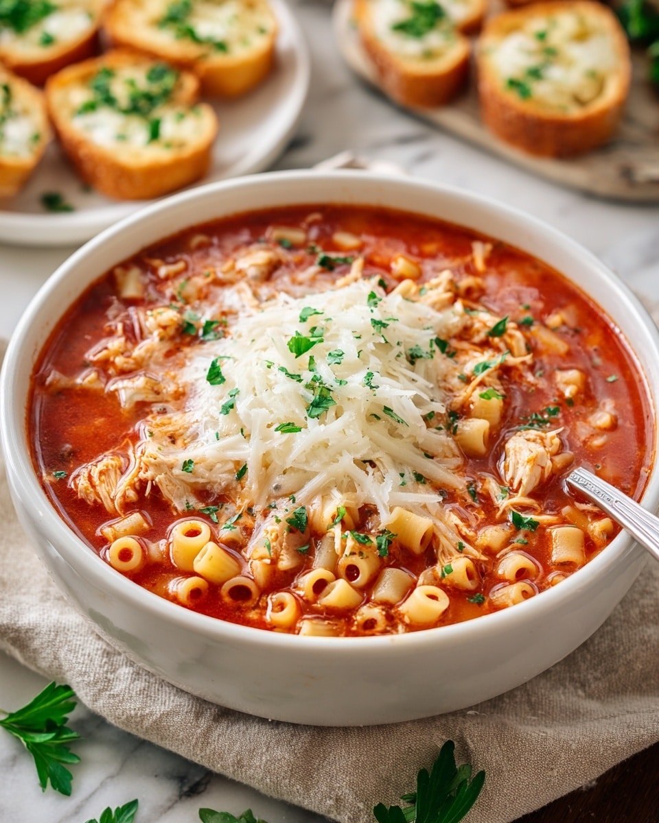 A white bowl filled with a rich red tomato soup that has small pasta tubes and chunks of shredded chicken mixed throughout. The soup is topped with a layer of melted white cheese that is slightly browned and bubbly. Small green parsley leaves are scattered on top of the cheese and around the bowl. A spoon is partially placed inside the bowl on the right side. The bowl sits on a light beige cloth on a white marbled surface. In the background, there is a plate with two slices of toasted garlic bread sprinkled with green herbs and a small bowl of grated cheese, both slightly out of focus. Photo taken with an iphone --ar 4:5 --v 7
