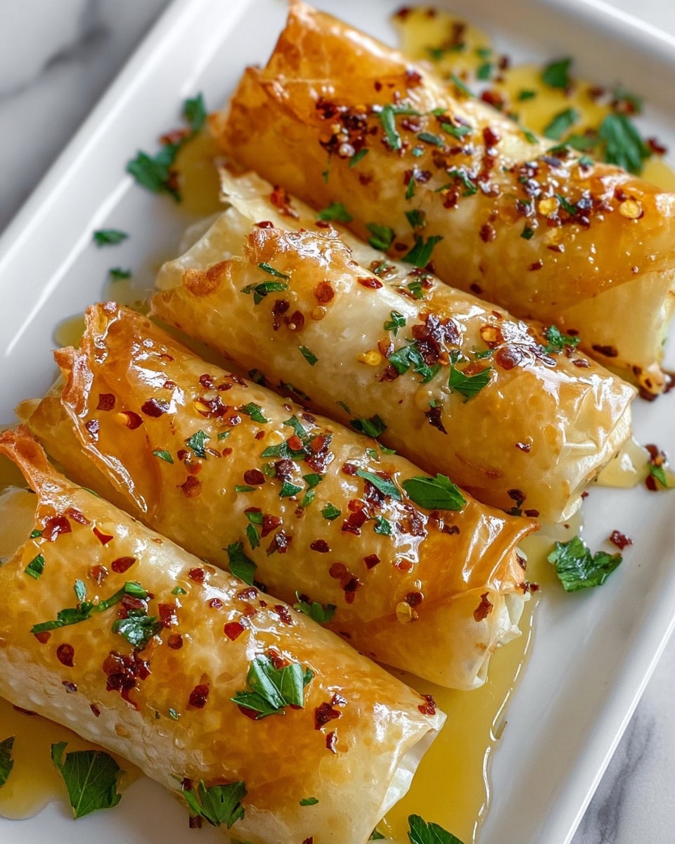 Four rolled pastries lay side by side on a white rectangular plate, each with golden, crispy layers that look thin and flaky. They are covered with a shiny drizzle of honey glaze, which pools lightly around the base. Sprinkled over the top are small bits of crushed red pepper flakes and scattered fresh green parsley leaves, adding color contrast. The plate sits on a white marbled surface. photo taken with an iphone --ar 4:5 --v 7