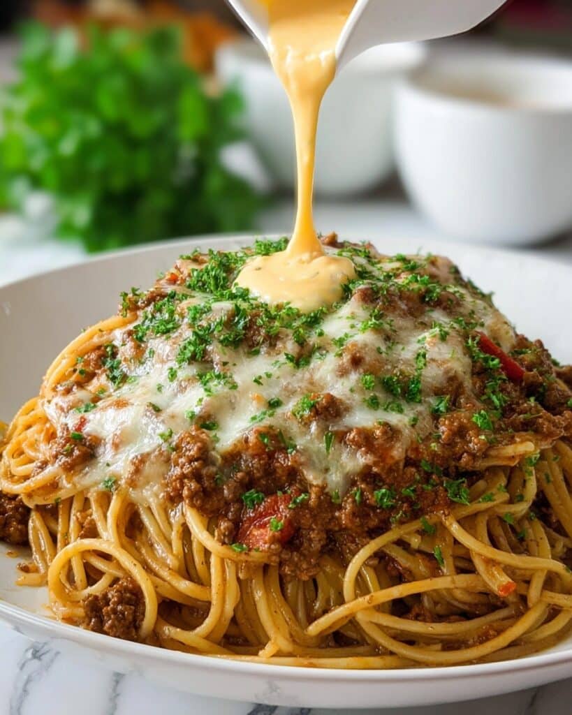 Cajun Beef Spaghetti in Creamy Three-Cheese Parmesan Sauce Recipe