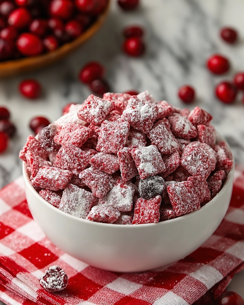 A white bowl is filled and piled high with square cereal pieces covered in white powdered sugar. Mixed throughout the cereal are bright red dried cranberries, adding contrast and color. The cereal pieces have a rough texture with bits of red visible beneath the powdered sugar. The bowl sits on a wooden surface with a blurred brown background, emphasizing the snack. photo taken with an iphone --ar 4:5 --v 7